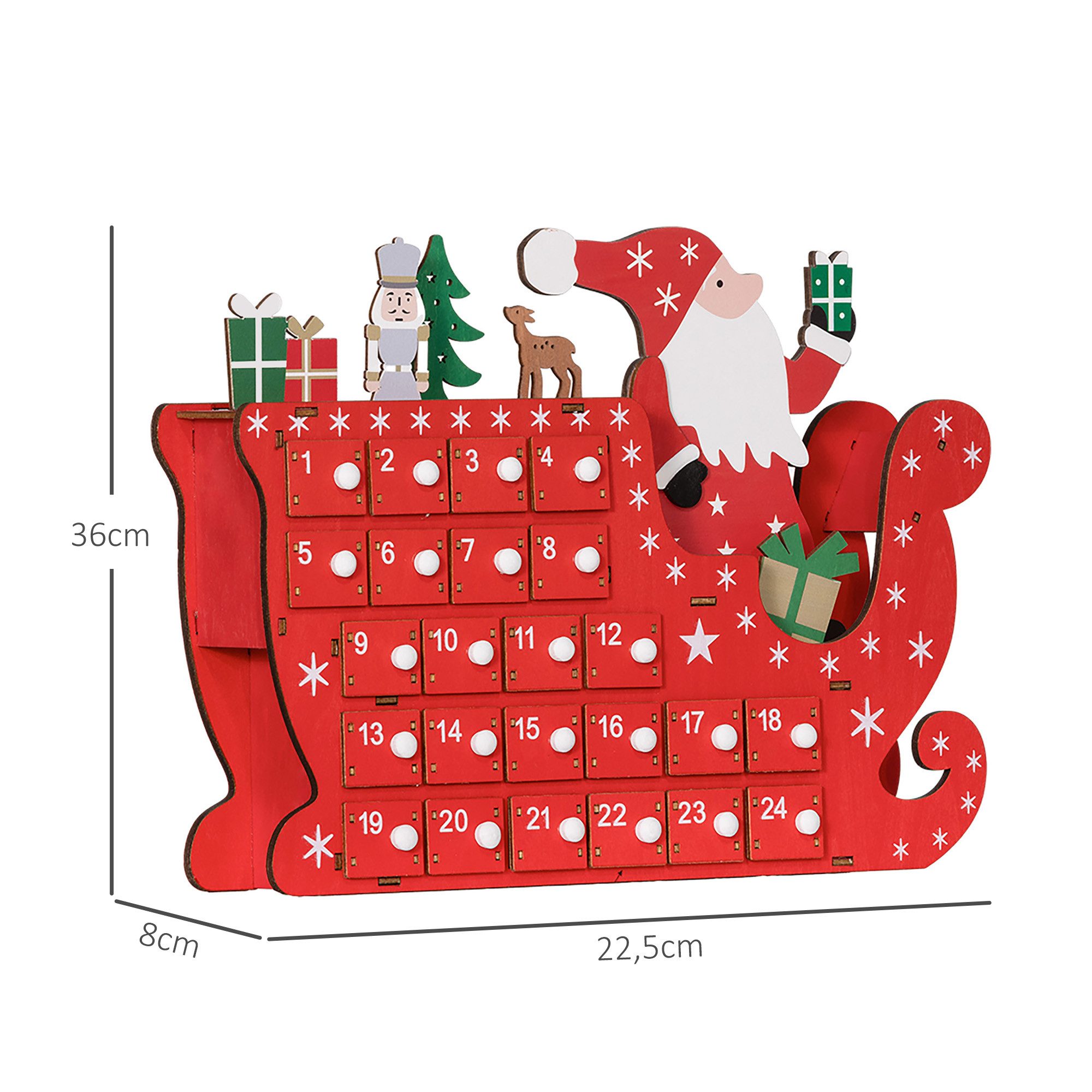 HOMCOM Weihnachtsdorf Weihnachts-Adventskalender mit 24 Schubladen Fächer DIY, MDF-Platte Rot 22,5 x 8 x 36 cm