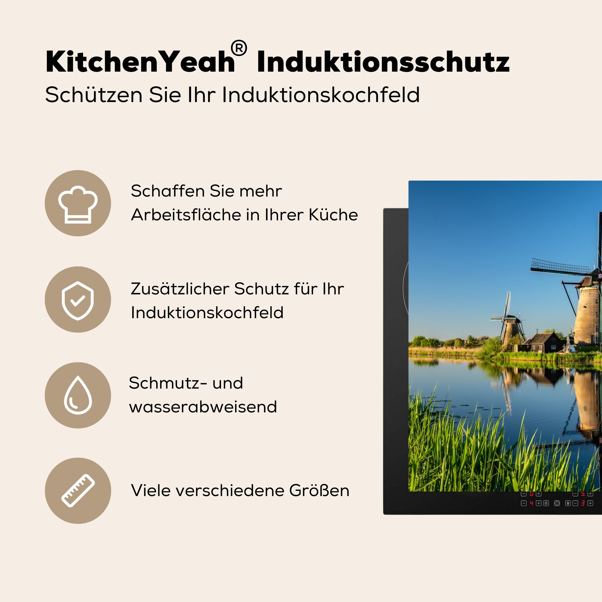 Mühle küche Sonne Vinyl, cm, Spiegelung, - - Ceranfeldabdeckung, (1 Herdblende-/Abdeckplatte tlg), Arbeitsplatte 78x78 MuchoWow für