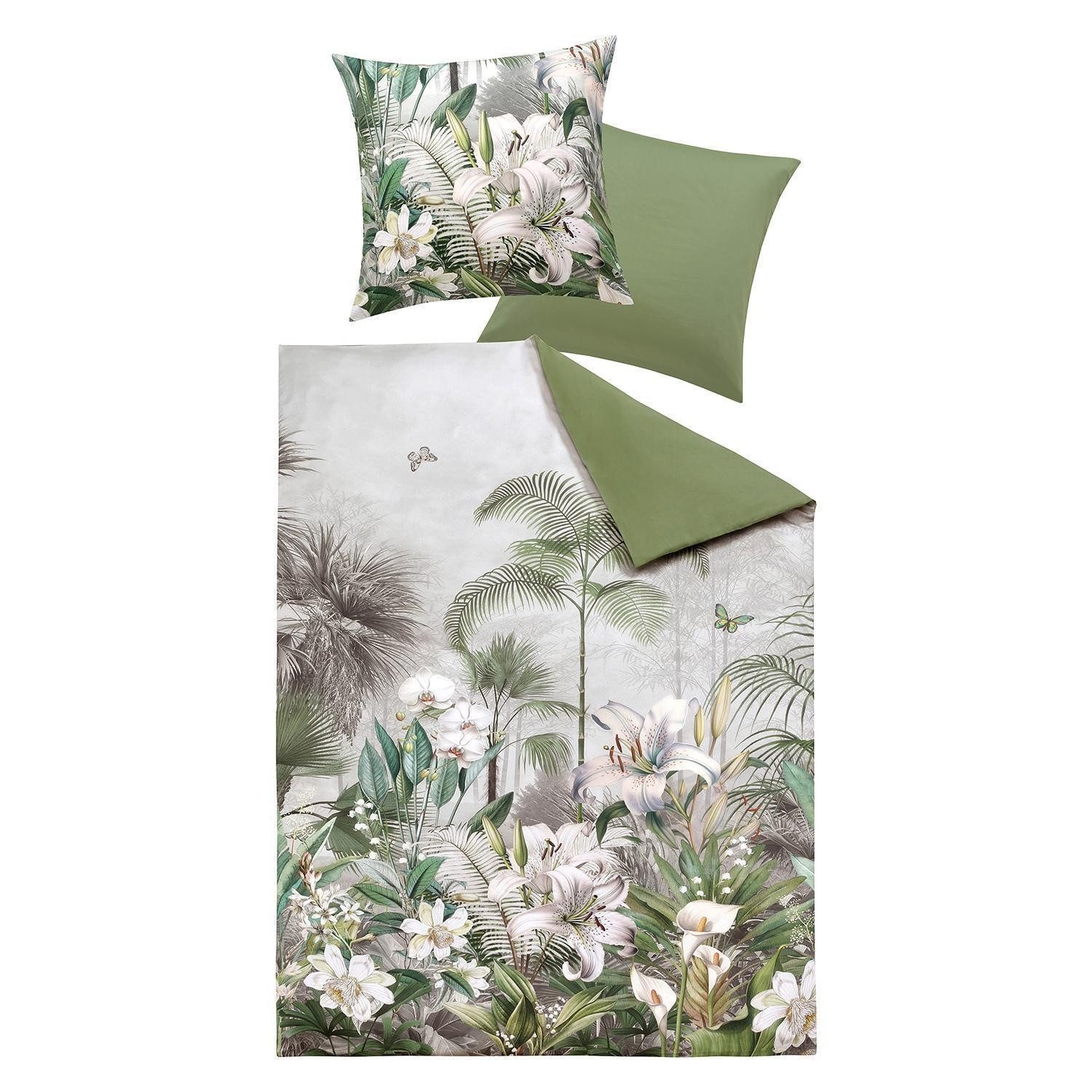 casa NOVA Bettwäsche PALOMA, 135 x 200 cm, Grün, Weiß, Satin, 2 teilig, florales Muster, mit Reißverschluss
