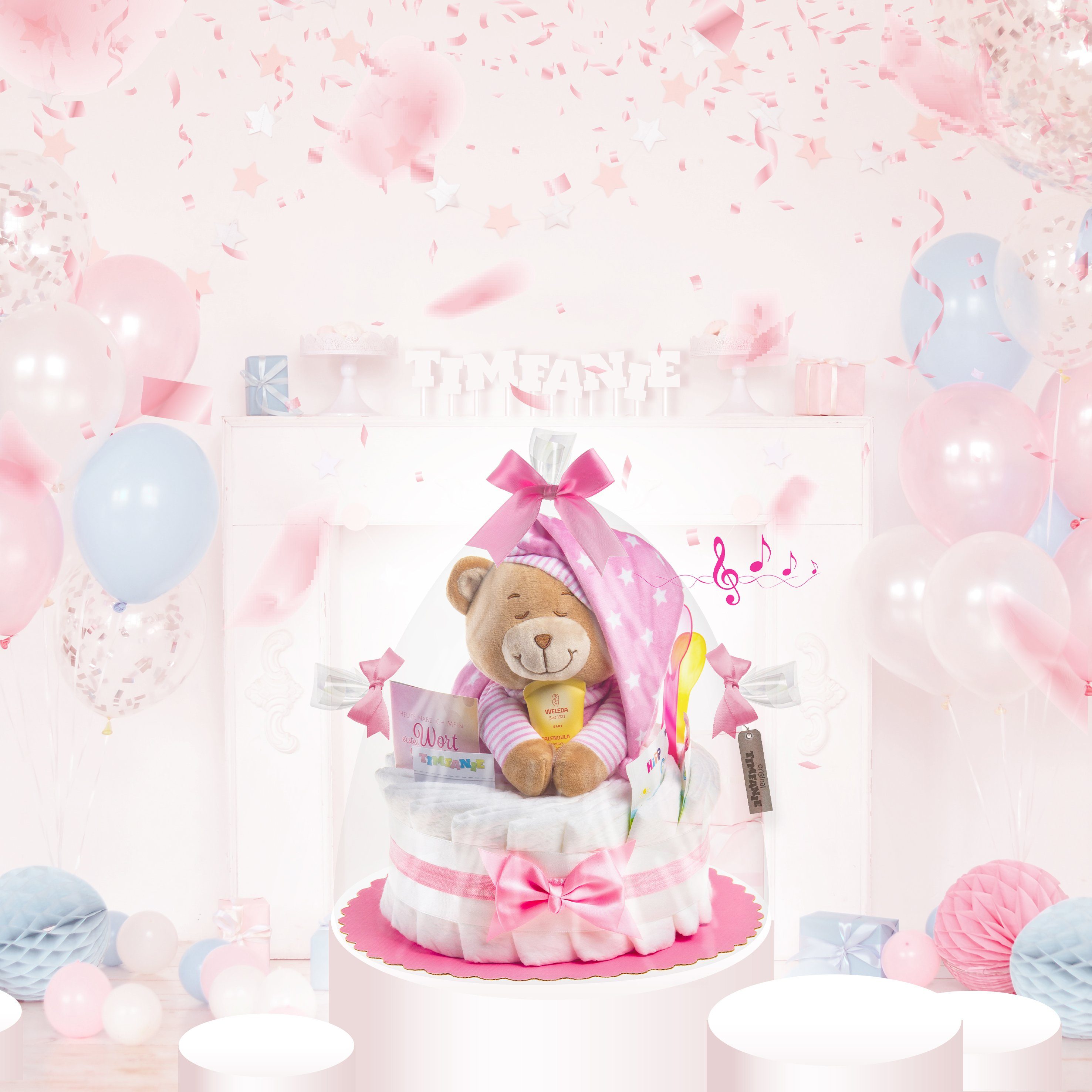 Timfanie Neugeborenen-Geschenkset Windeltorte, 28-tlg) rosa, Spieluhr (rosa, Schlafmütze