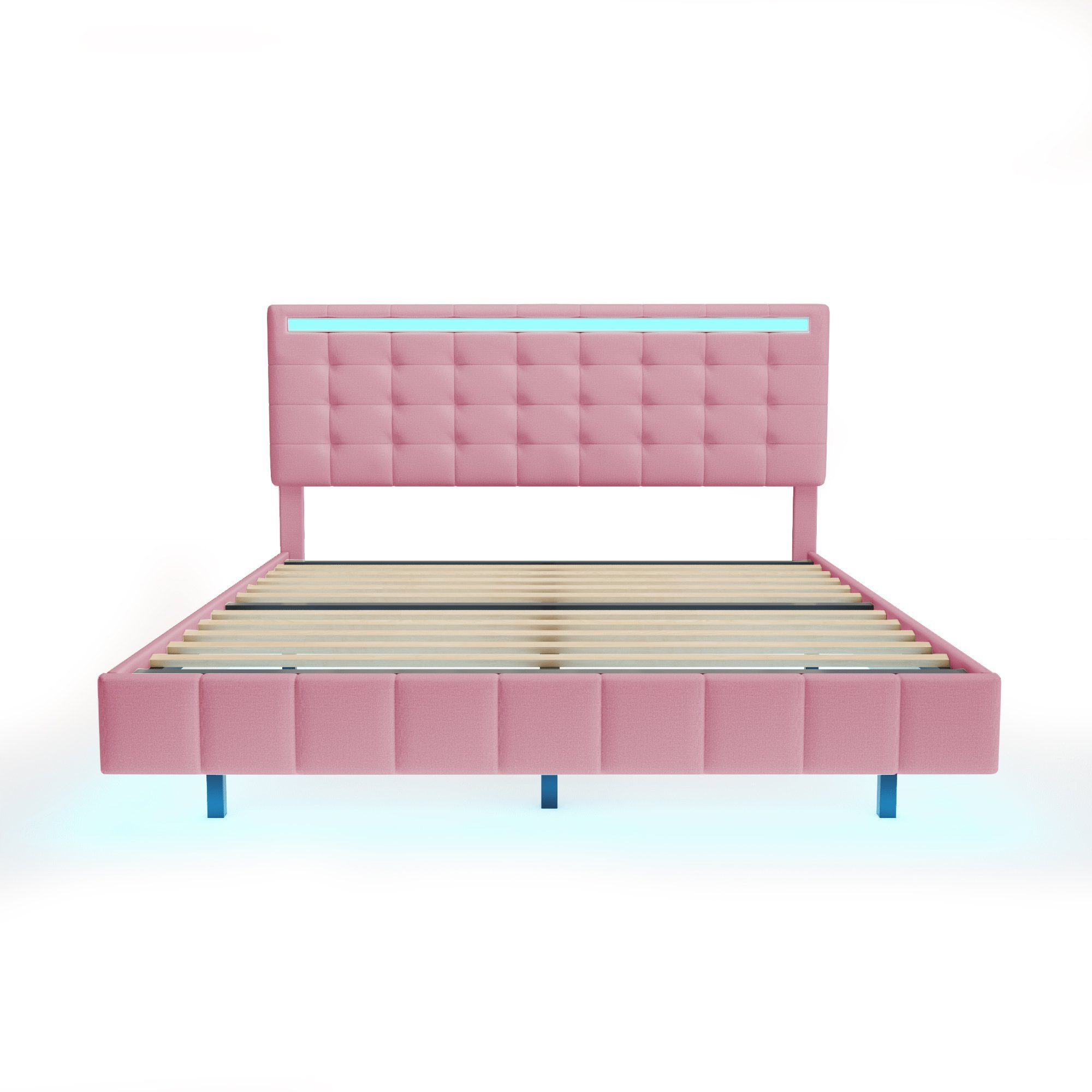 Polsterbett (LED Doppelbett), mit USB Ladefunktion und höhenverstellbarem Kopfteil 160x200cm, Leinen