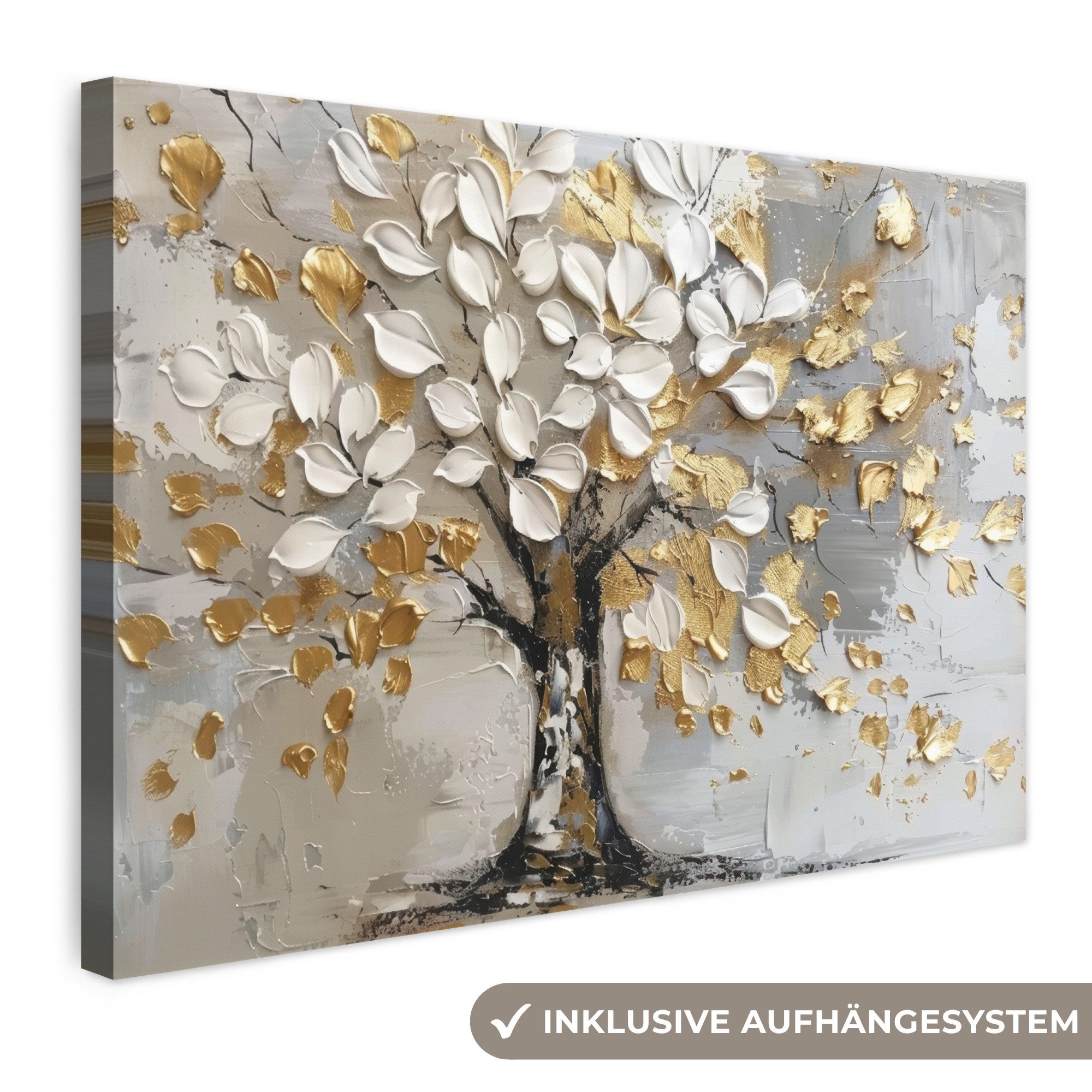 OneMillionCanvasses® Leinwandbild Baum - Beige - Grau - Gold - Abstrakt, Fotodruck (1 St), Leinwand Bilder Klein, Wand Dekoration Aesthetic 30x20 cm