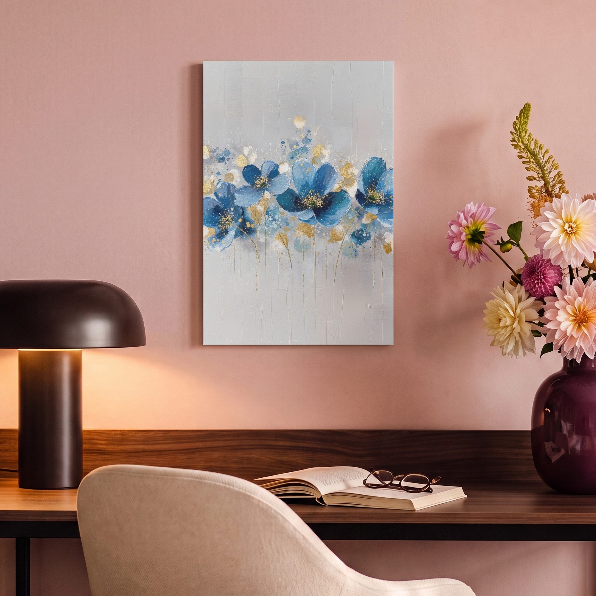 OneMillionCanvasses® Leinwandbild Blumen - Blau - Abstrakt, Fotodruck (1 St), Leinwand Bilder Klein, Wand Dekoration Aesthetic 30x20 cm – Bild 4 von 5