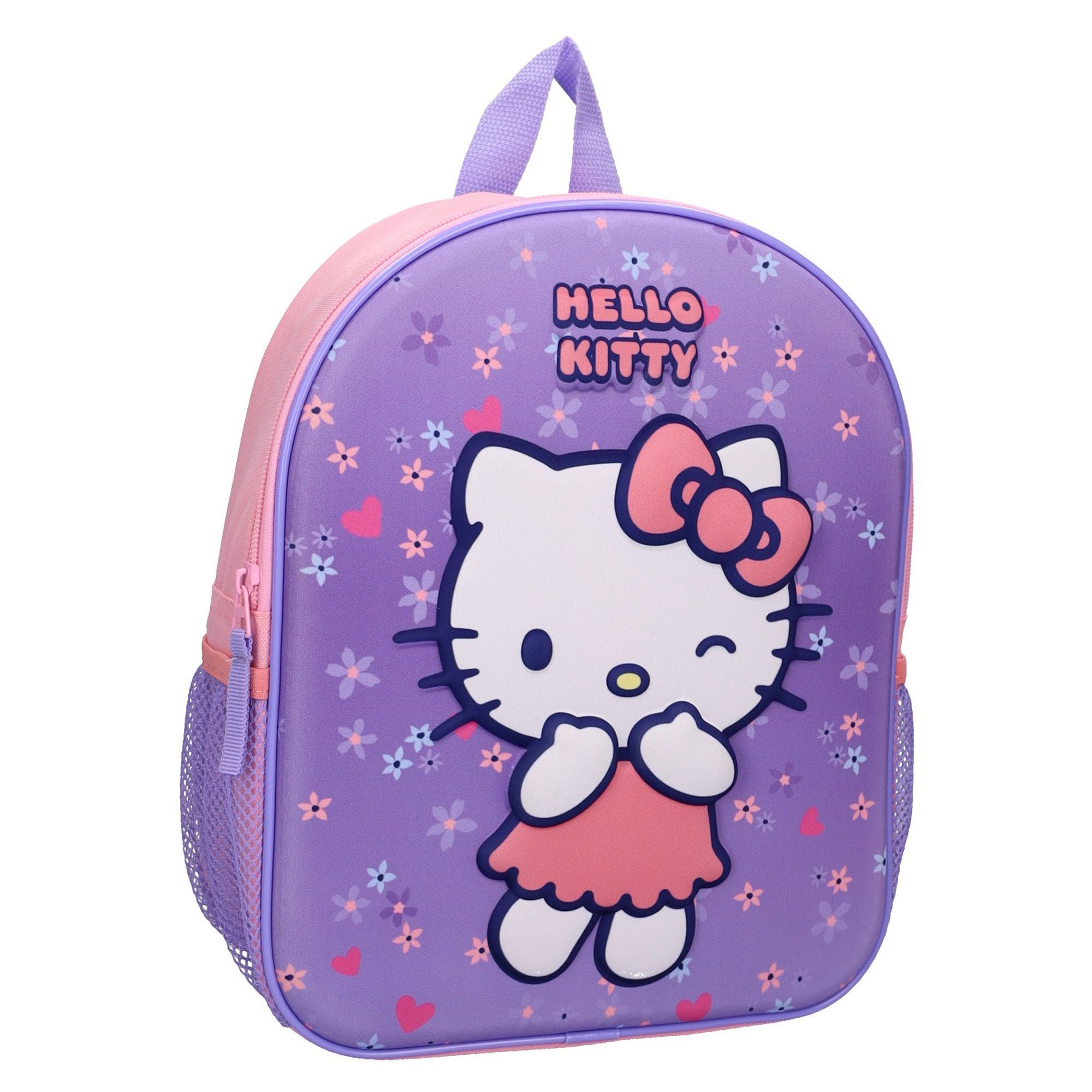 SANRIO Kinderrucksack Hello Kitty mit 3D Motiv und Mesh Seitenfächern (Packung)