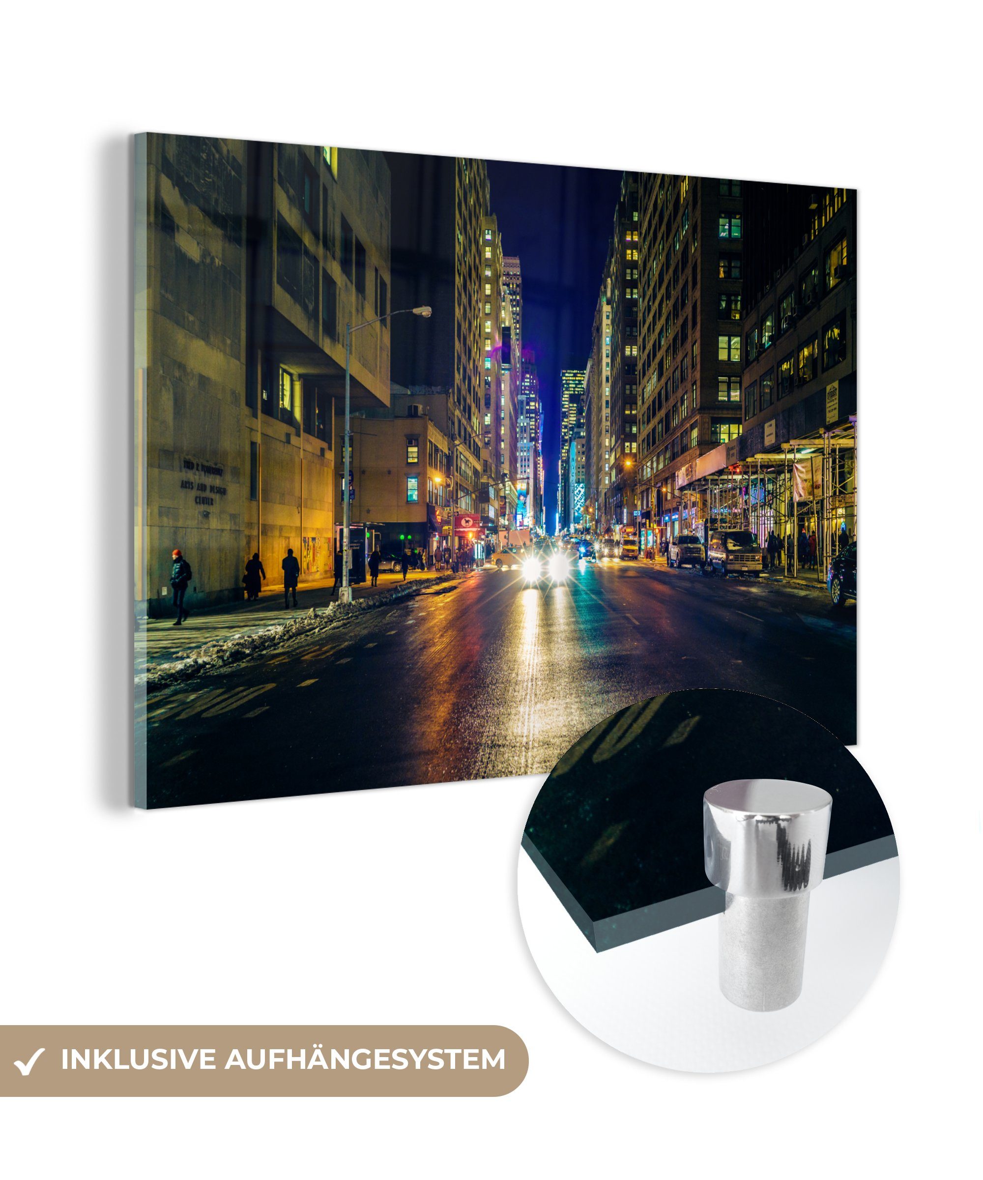MuchoWow Acrylglasbild New York - Taxi - Nacht, (1 St), Glasbilder - Bilder auf Glas Wandbild - Foto auf Glas - Wanddekoration