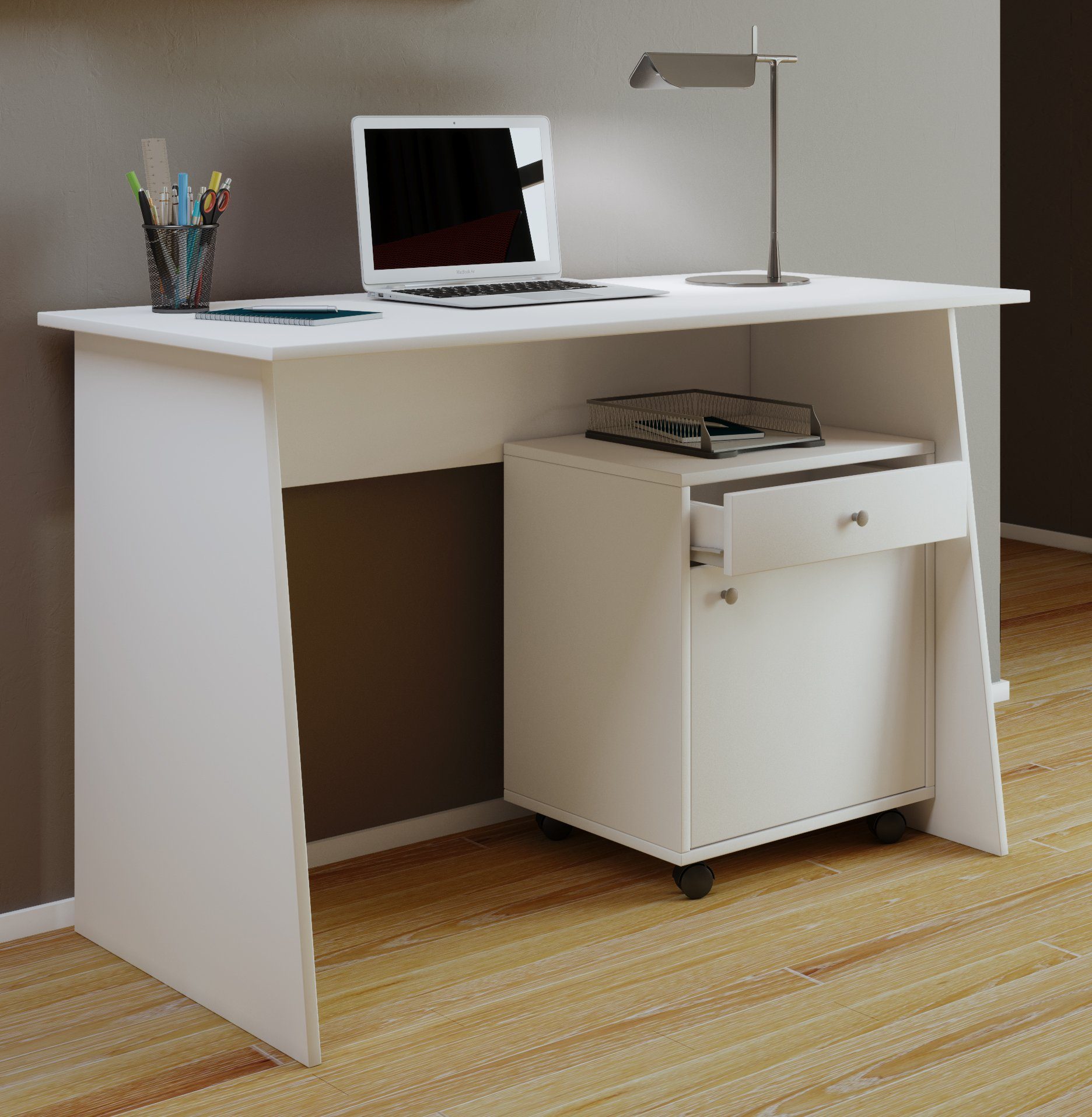 VCM Schreibtisch Holz Schreibtisch Computertisch Masola Weiß Maxi