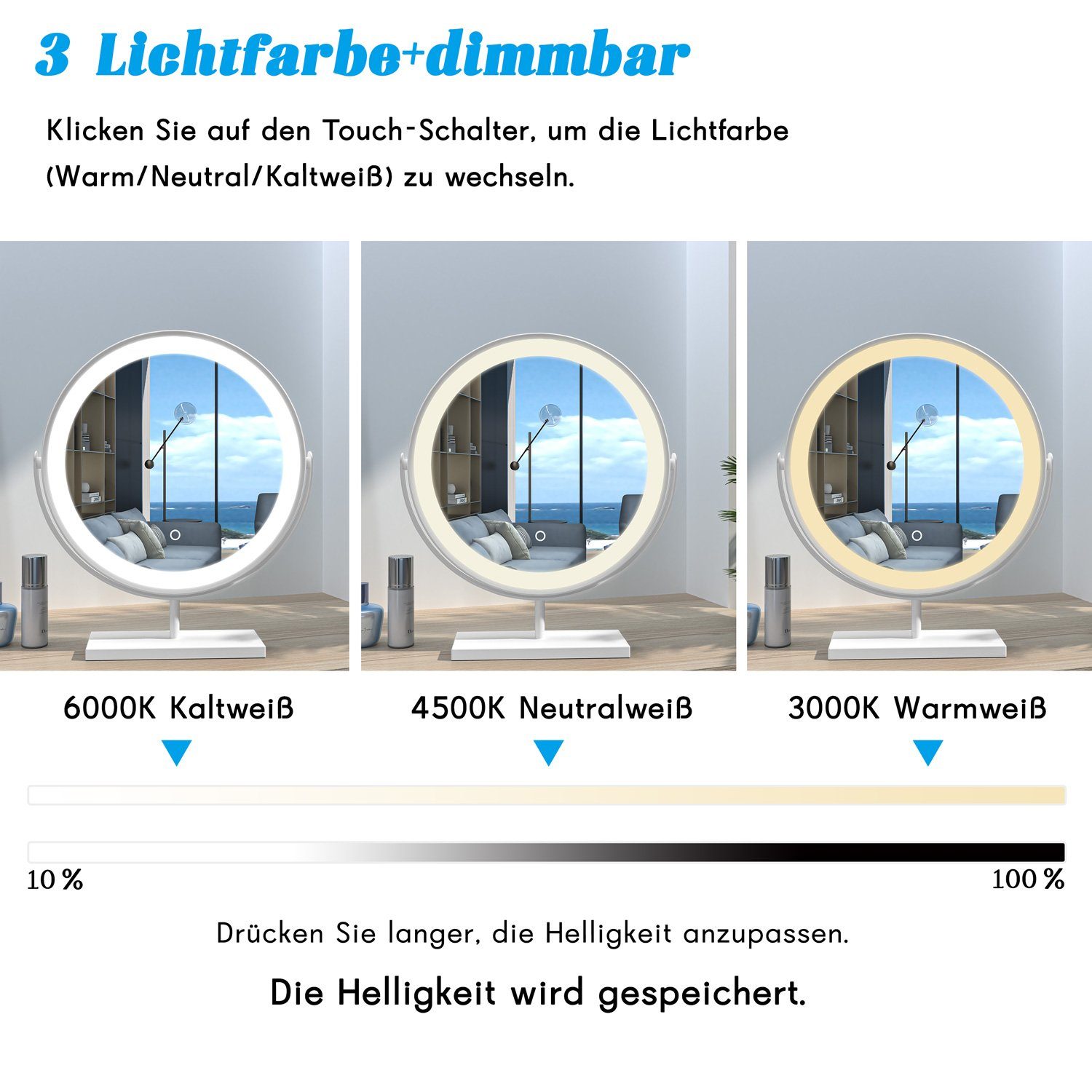 duschspa Kosmetikspiegel Schminkspiegel LED Kosmetikspiegel mit Beleuchtung Tischspiegel, mit Touch, 3 Lichtfarben Dimmbar, Memory-Helligkeit, 360° Drehbar