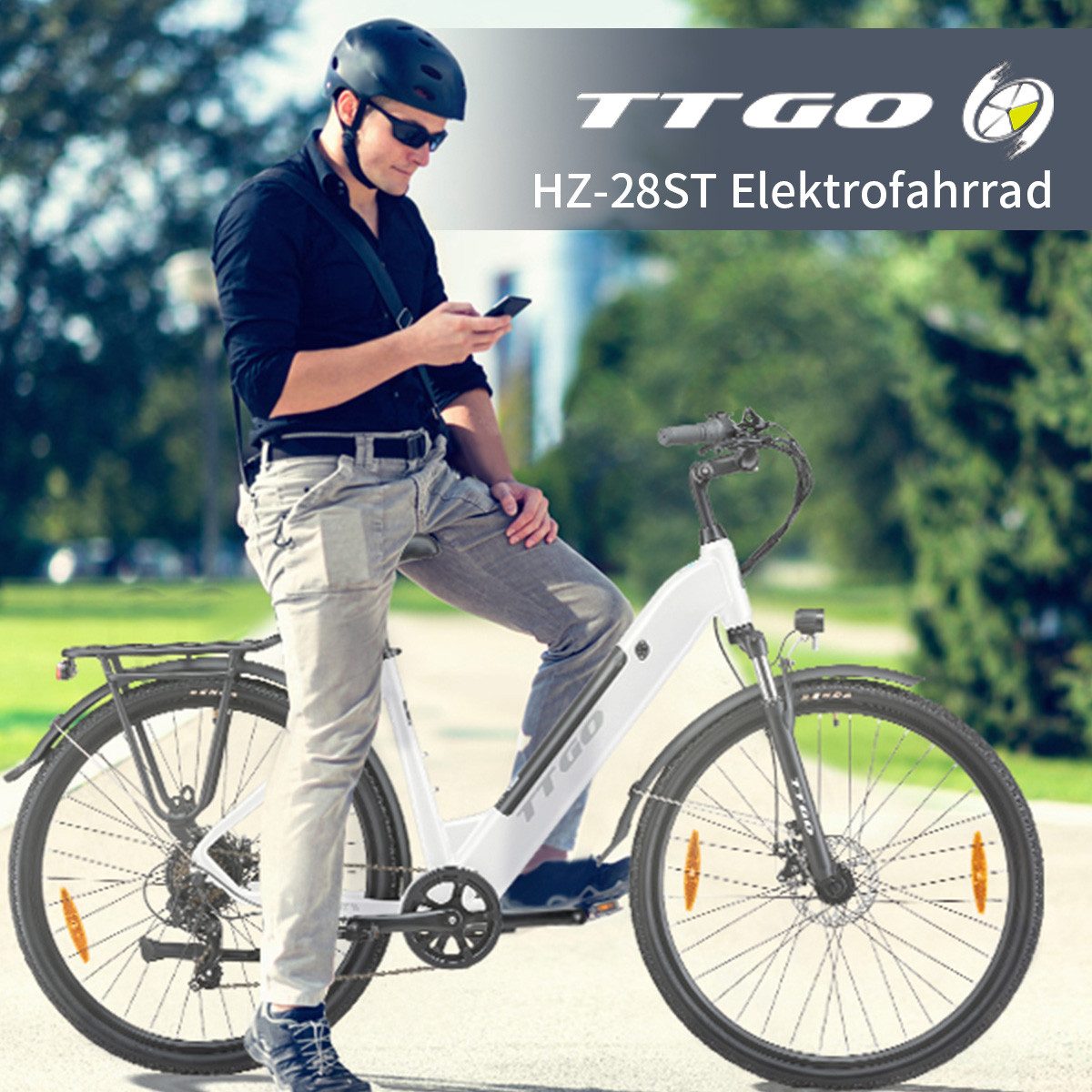 TTGO E-Bike Cityrad HZ-28TS 28 Zoll mit Aluminium-Tiefenrahmen und Gepäckträger, Kettenschaltung, Heckmotor, 720 Wh, Elektrofahrrad E-bikes Schaltwerk, Citybike mit Scheibenbremse