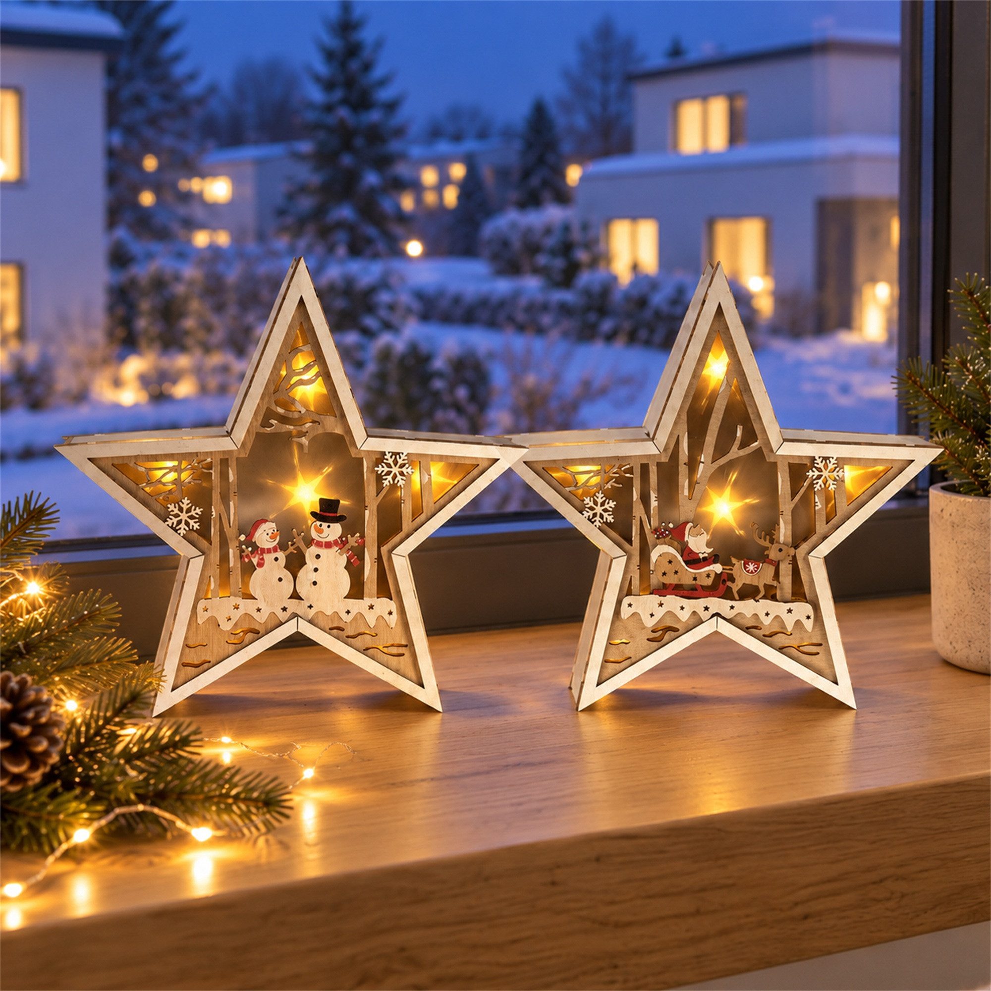 INtrenDU Dekostern 2er-Set aus Holz mit LED-Licht, je 26 cm, Schneemänner und Weihnachtsmann, 3D-Hologramm-Effekt