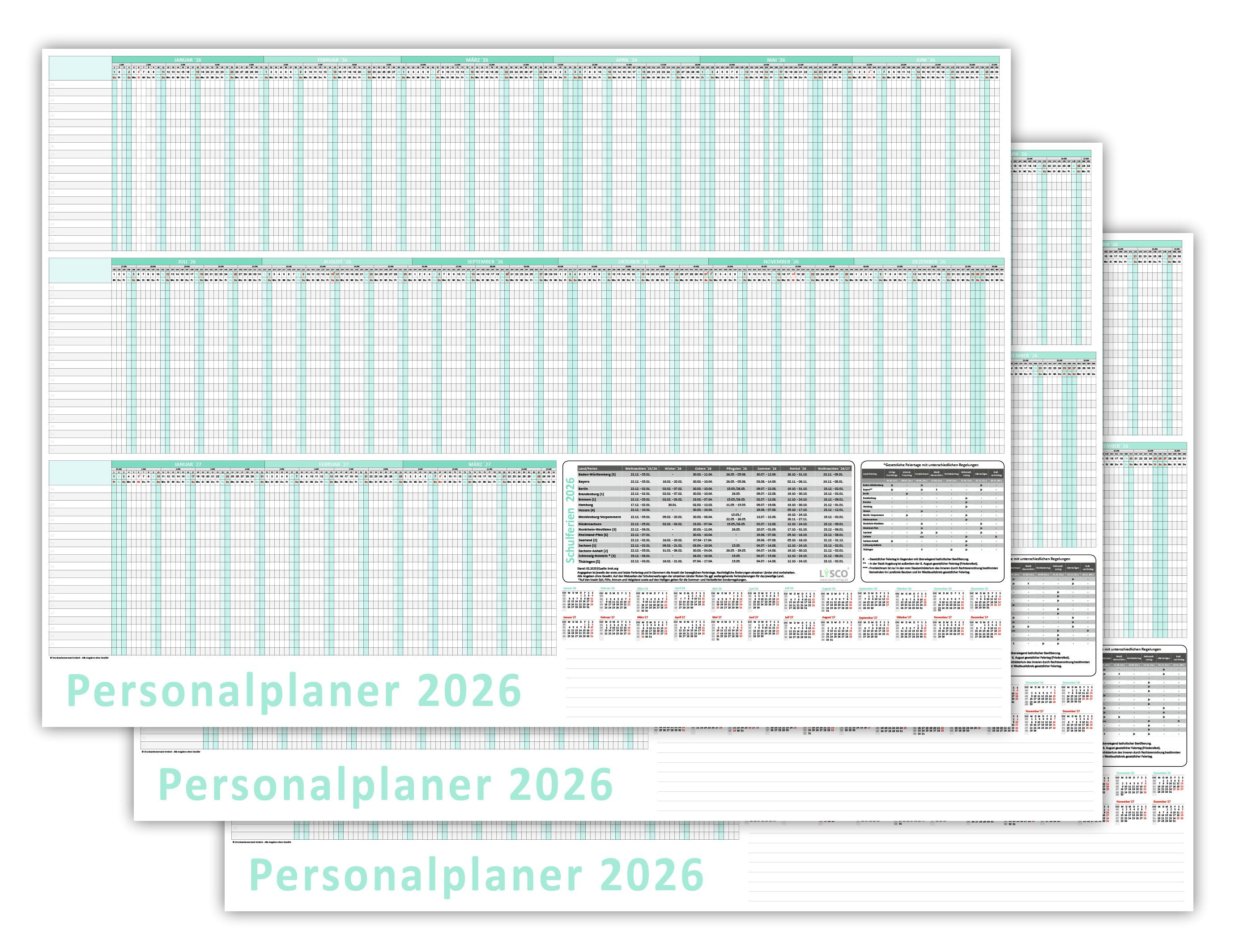 LYSCO Urlaubsplaner Personalplaner 2026 nass abwischbar DIN B1 / B2 - 22 Mitarbeiter, auch erhältlich im Set 2025 + 2026, korrigierbar bei Nutzung NON-Permanent Folienstiften