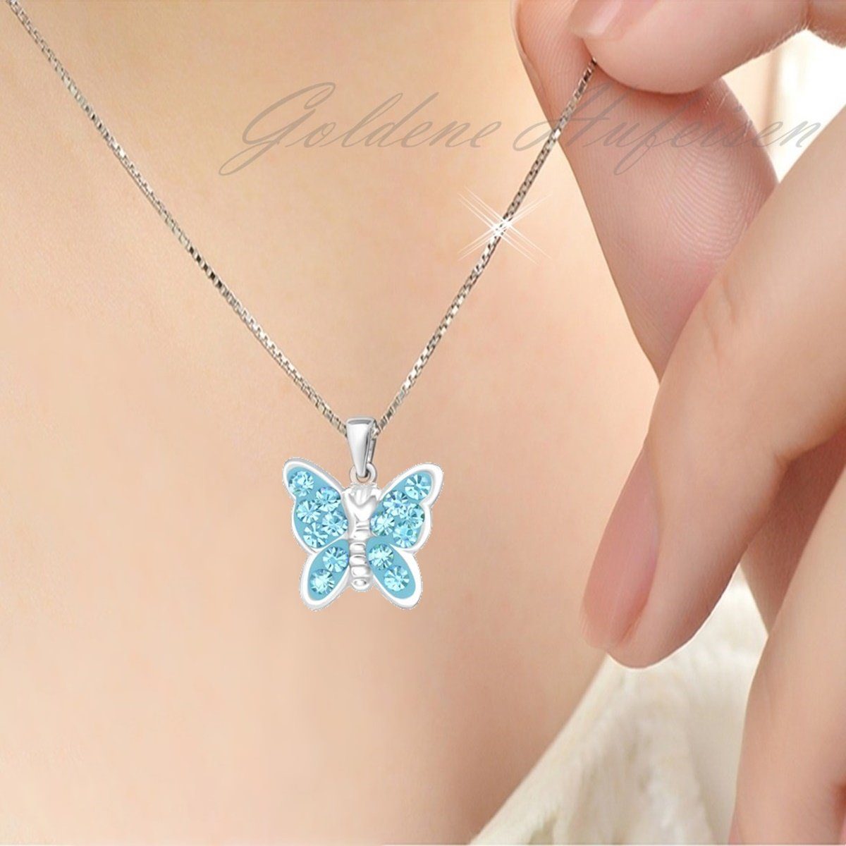 Goldene Hufeisen Schmuckset Kristall Schmetterling Ohrringe Anhänger Kette 925 Silber Set (4-tlg, inkl. Geschenk-Etui), Geschenkset – Bild 3 von 5