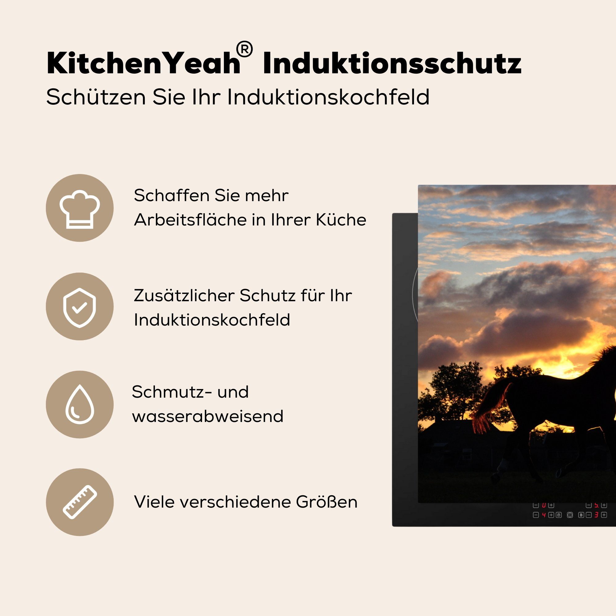 Groningen Induktionskochfeld - - 81x52 tlg), Vinyl, die - küche, cm, Silhouette Pferd Schutz Sonnenuntergang, MuchoWow Ceranfeldabdeckung (1 Herdblende-/Abdeckplatte für