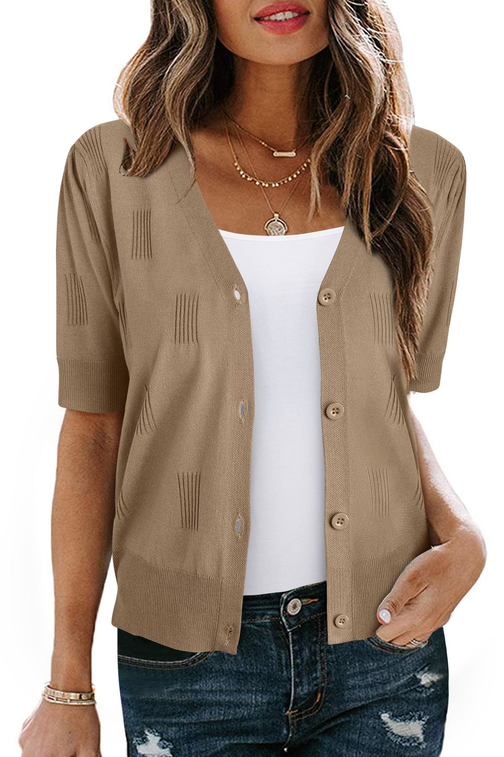 T-Shirt Damen Strickjacke kurzärmelig leicht V-Shirt für den Sommer
