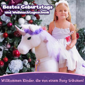 PonyCycle Reitpferd PonyCycle® Offizieller Shop Prämie Modell K Reiten Sie auf Einhorn Spielzeug Plüsch Wandertier - Einhorn mit lila Horn, Kleine Größe für 3-5 Jahre, Einschließlich Zubehör, K31