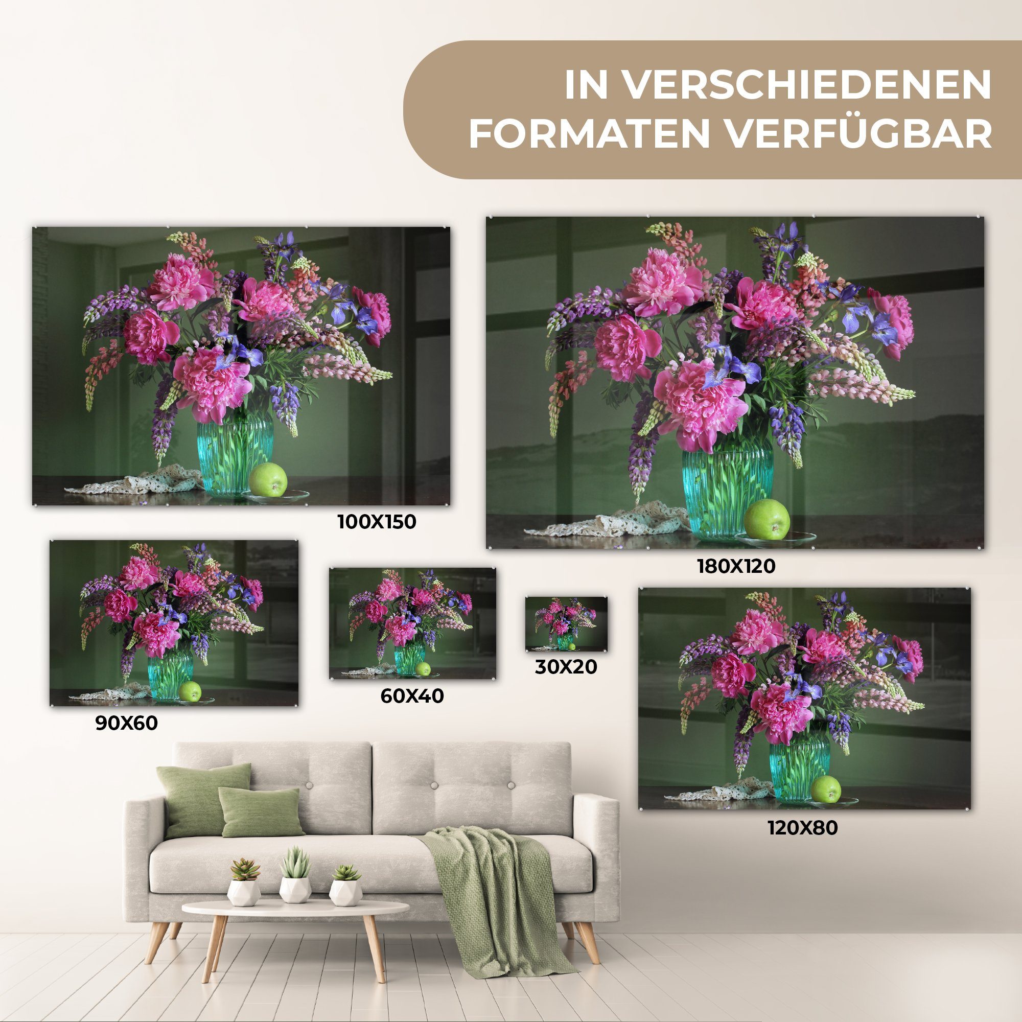 Wandbild MuchoWow Stilleben, (1 St), - auf - Wanddekoration - Glasbilder - Bilder Farben Glas Foto Acrylglasbild auf Blumen Glas -