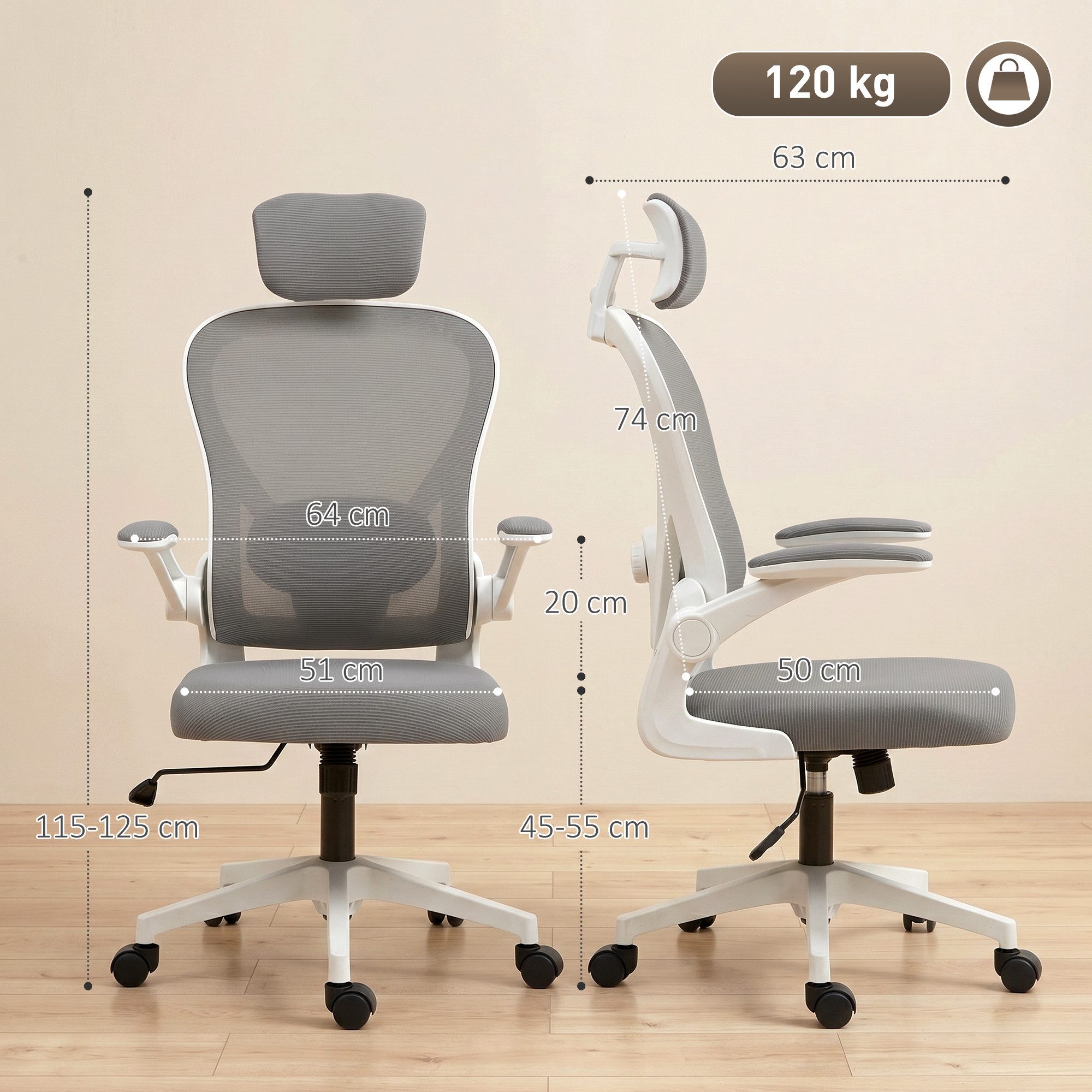 HOMCOM Bürostuhl Ergonomischer Schreibtischstuhl mit Hochklappbaren Armlehnen (Höhenverstellbarer Drehstuhl, 1 St), mit Wippfunktion, Netzbespannung Grau – Bild 3 von 5