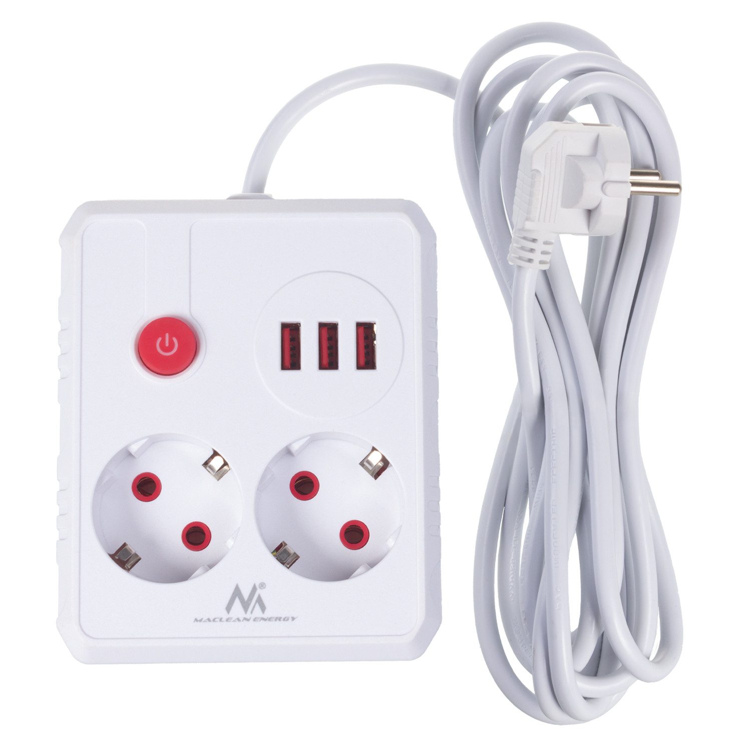Maclean 2 Steckdosen 2500W 3xUSB Mehrfachsteckdose 2-fach (Kabellänge 3 m), 110-240V AC 50/60Hz, 2,1A max 2500W – Bild 2 von 5