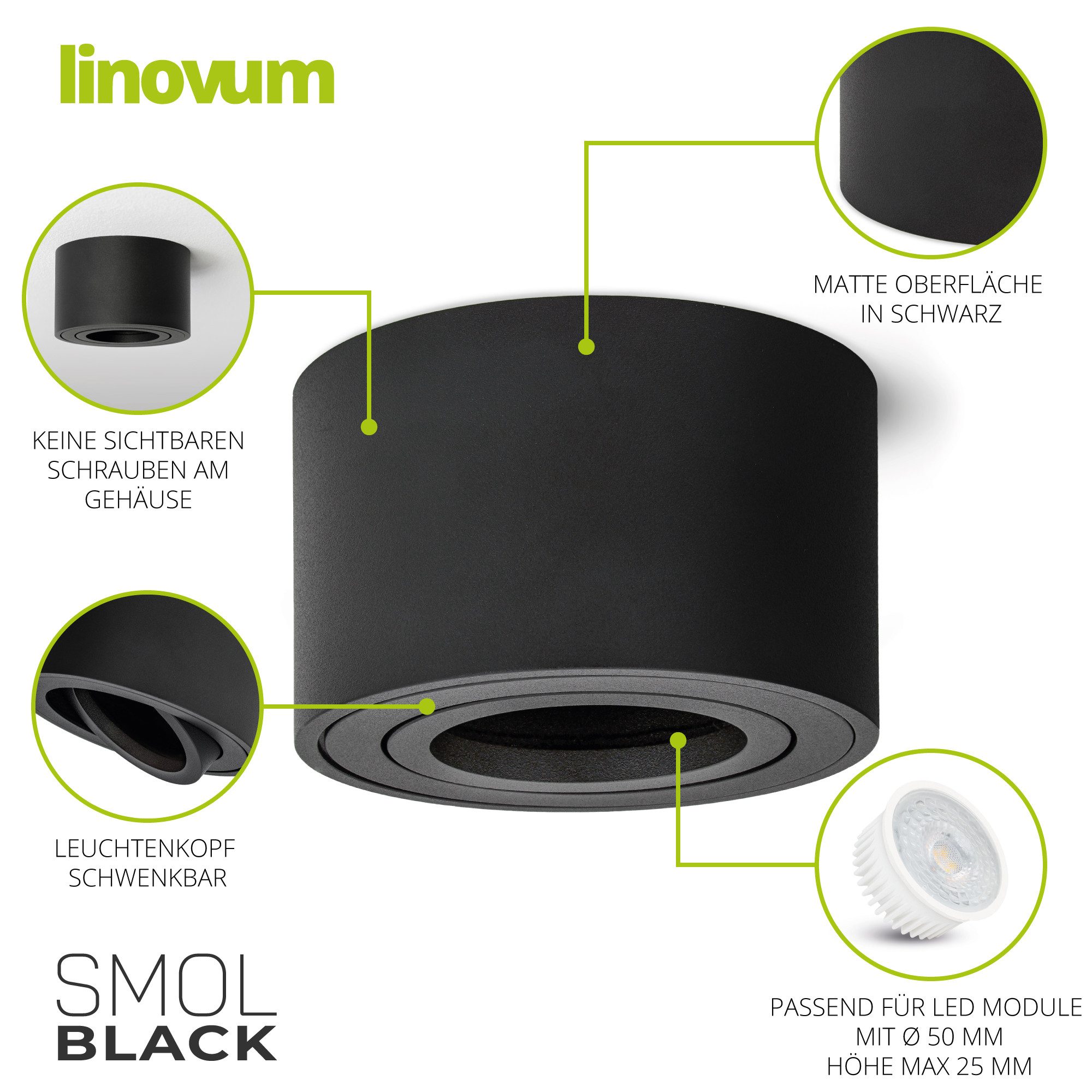 linovum LED Aufbaustrahler 4x Aufbaustrahler SMOL Schwarz Aufbauspot Deckenlampe Deckenstrahler – Bild 4 von 5