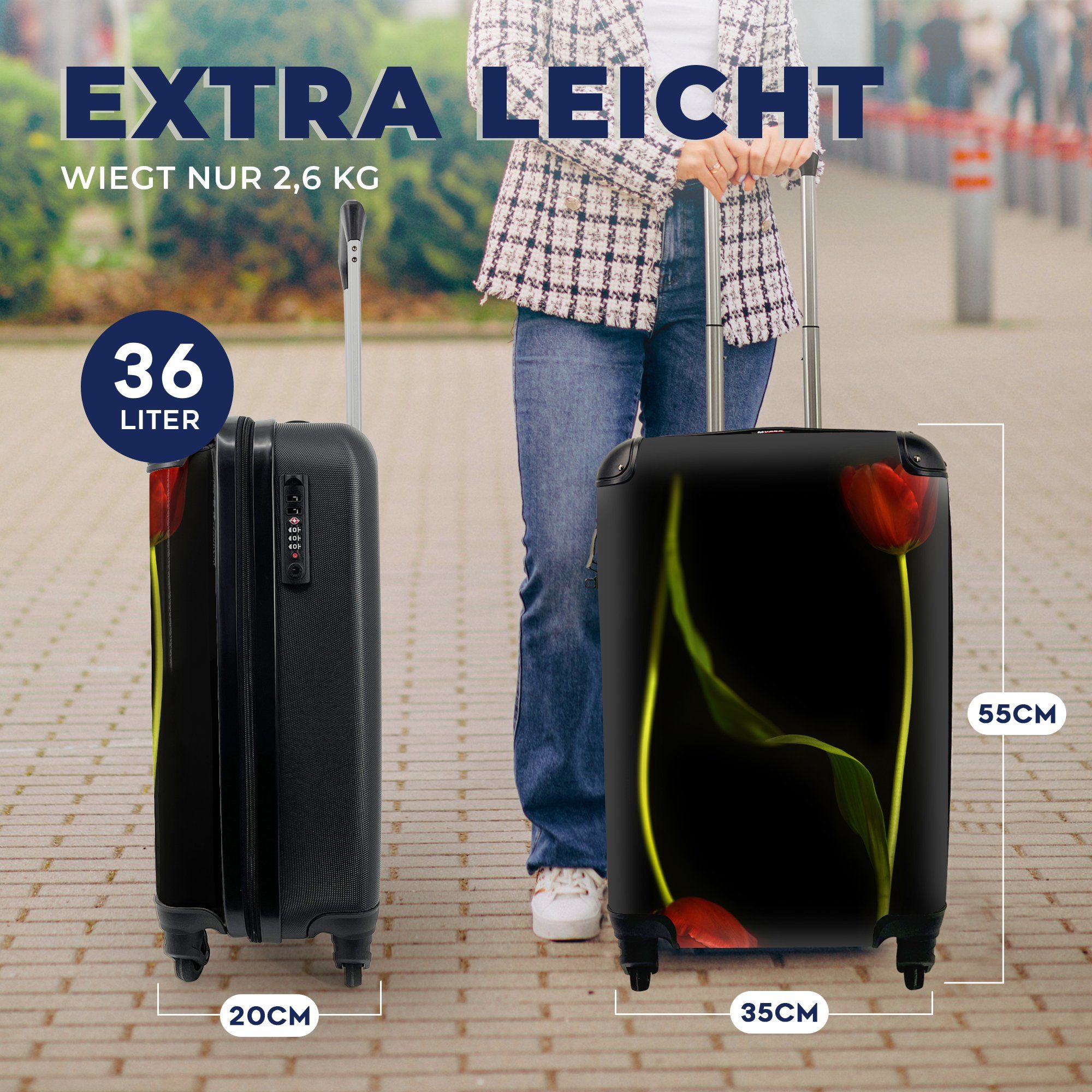 MuchoWow Handgepäckkoffer Zwei rote Tulpen Trolley, Reisekoffer schwarzem 4 auf Hintergrund, rollen, Rollen, Ferien, mit Reisetasche für Handgepäck