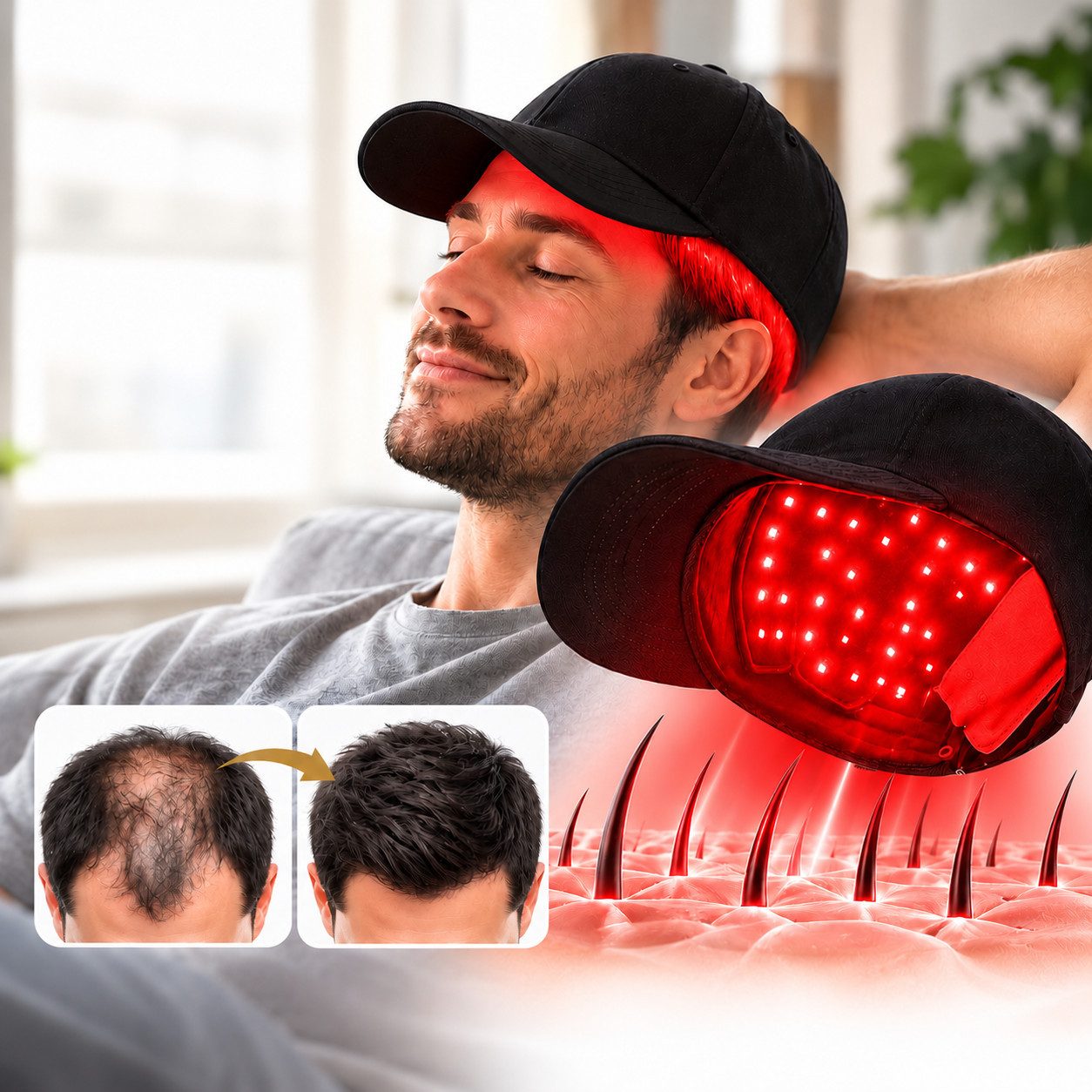 Fyrove Infrarotlampe LED-Haarkappe, Rotlichtkappe für Kopfhautpflege, Kabellose Haarpflegekappe mit 4 Lichtmodi für Damen und Herren, 168 …