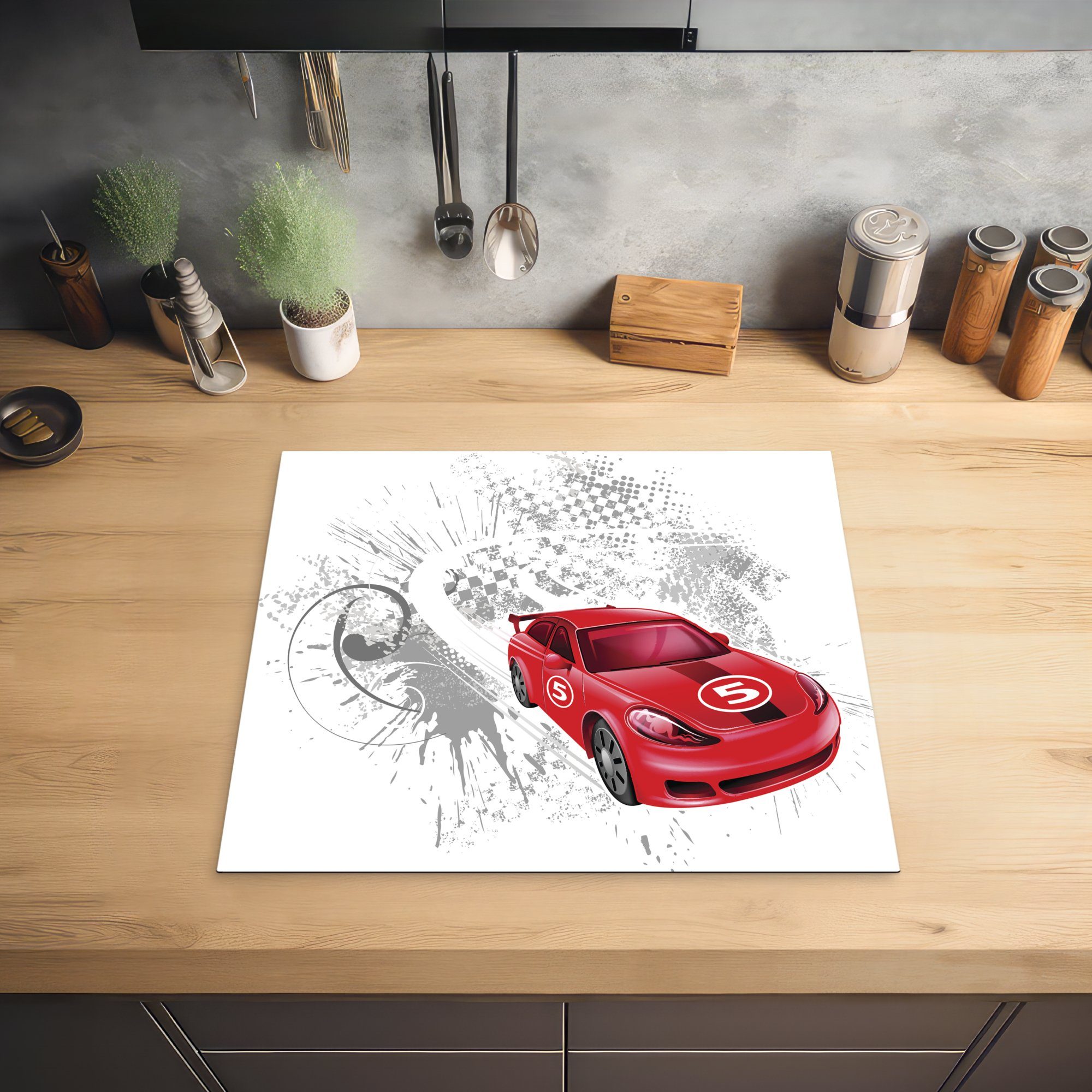 Hintergrund, 60x52 grauen Rennwagens Ceranfeldabdeckung einem roten vor cm, Herdblende-/Abdeckplatte Illustration Arbeitsfläche MuchoWow nutzbar, (1 eines Mobile Vinyl, tlg),
