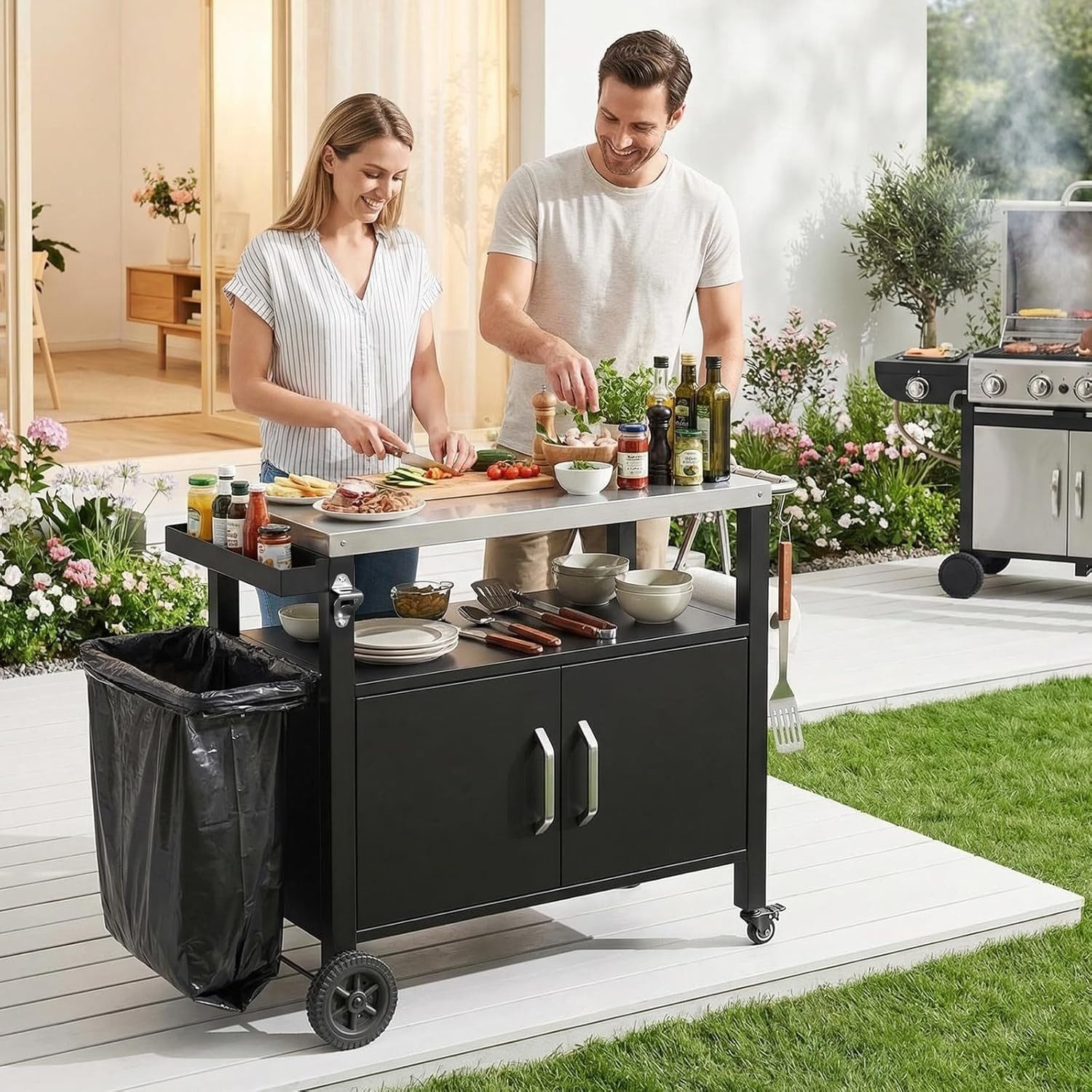 TLGREEN Grillablagetisch Edelstahl Servierwagen mit Tür, 4 Rollen (Mobiler Küchenwagen für Gewerbe & Garten, Grillwagen, Partywagen, Cateringwagen), Stabiler Lebensmittelwagen, Einfache Montage