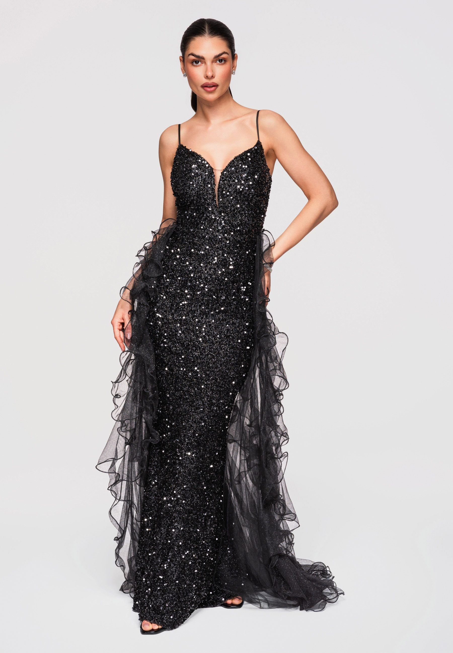 OMBRE Abendkleid Maxikleid Pailletten Meerjungfrau Abendmode Schwarz S (kein Set, 1-tlg) Paillettenapplikation, Tüllrüschen