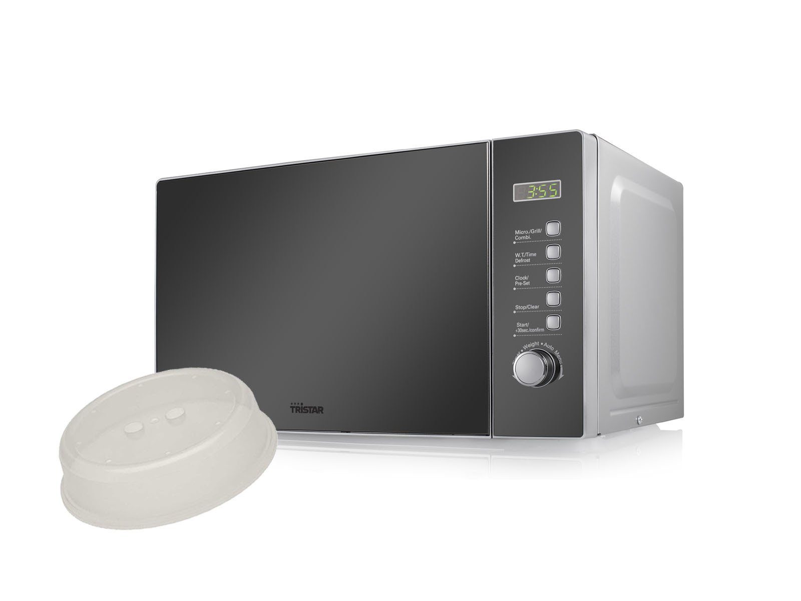 Tristar Mikrowelle, 8 Kochprogramme, BBQ-Grill, Timer, Auftaufunktion, 20 l, 2in1 Mikrowellenherd & Abdeckhaube, Design Silber verspiegelt