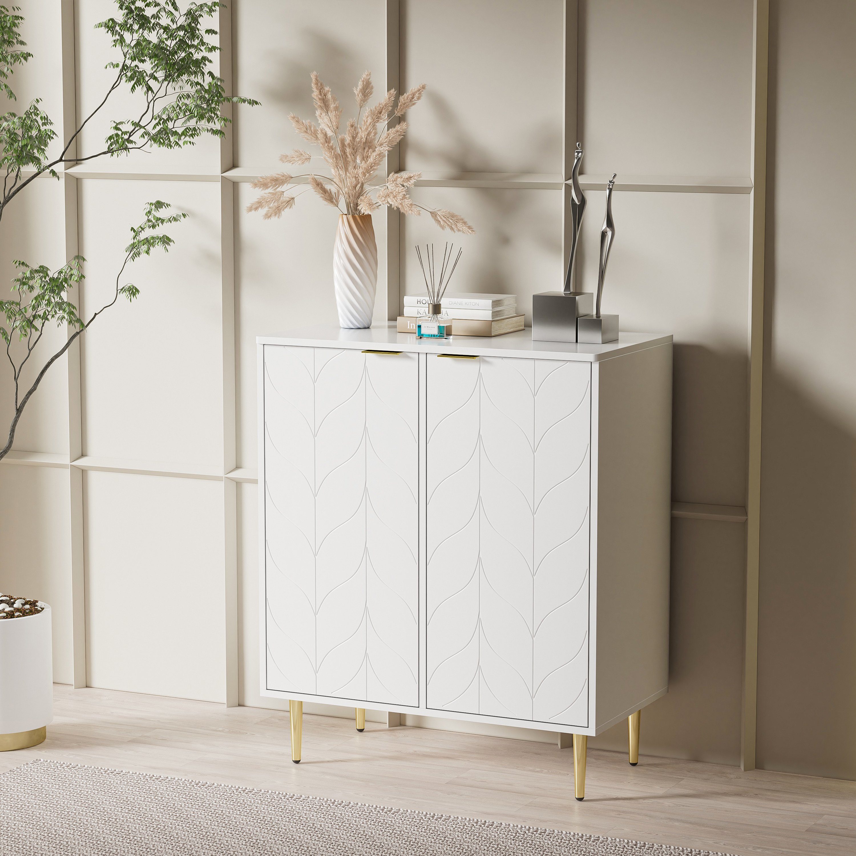 Flieks Kommode, Nachtschrank Sideboard mit 2 Türen und 6 Fächer 75x40x90cm