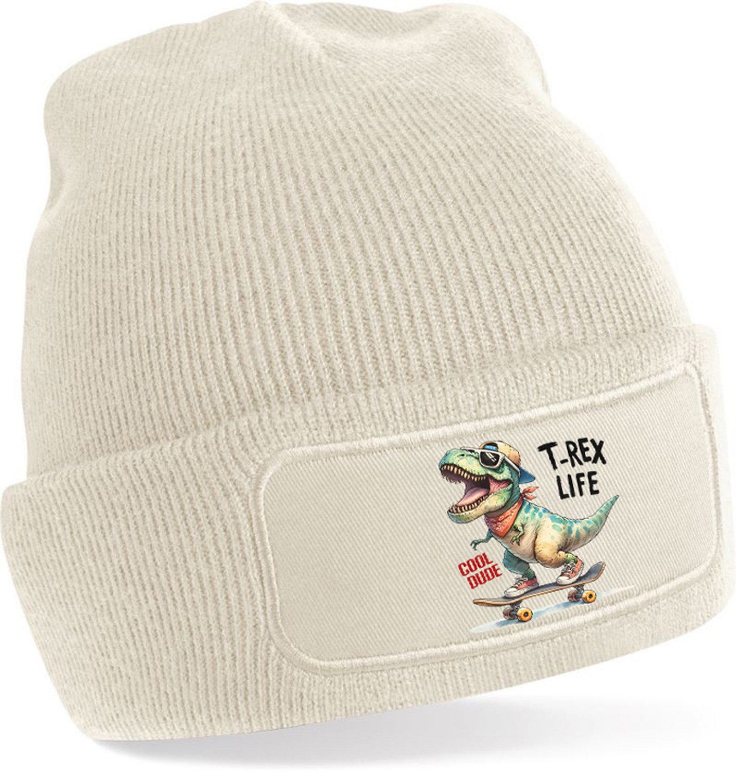 Strickmütze für kalte Tage - Beanie mit Umschlag und Dino Skater Print