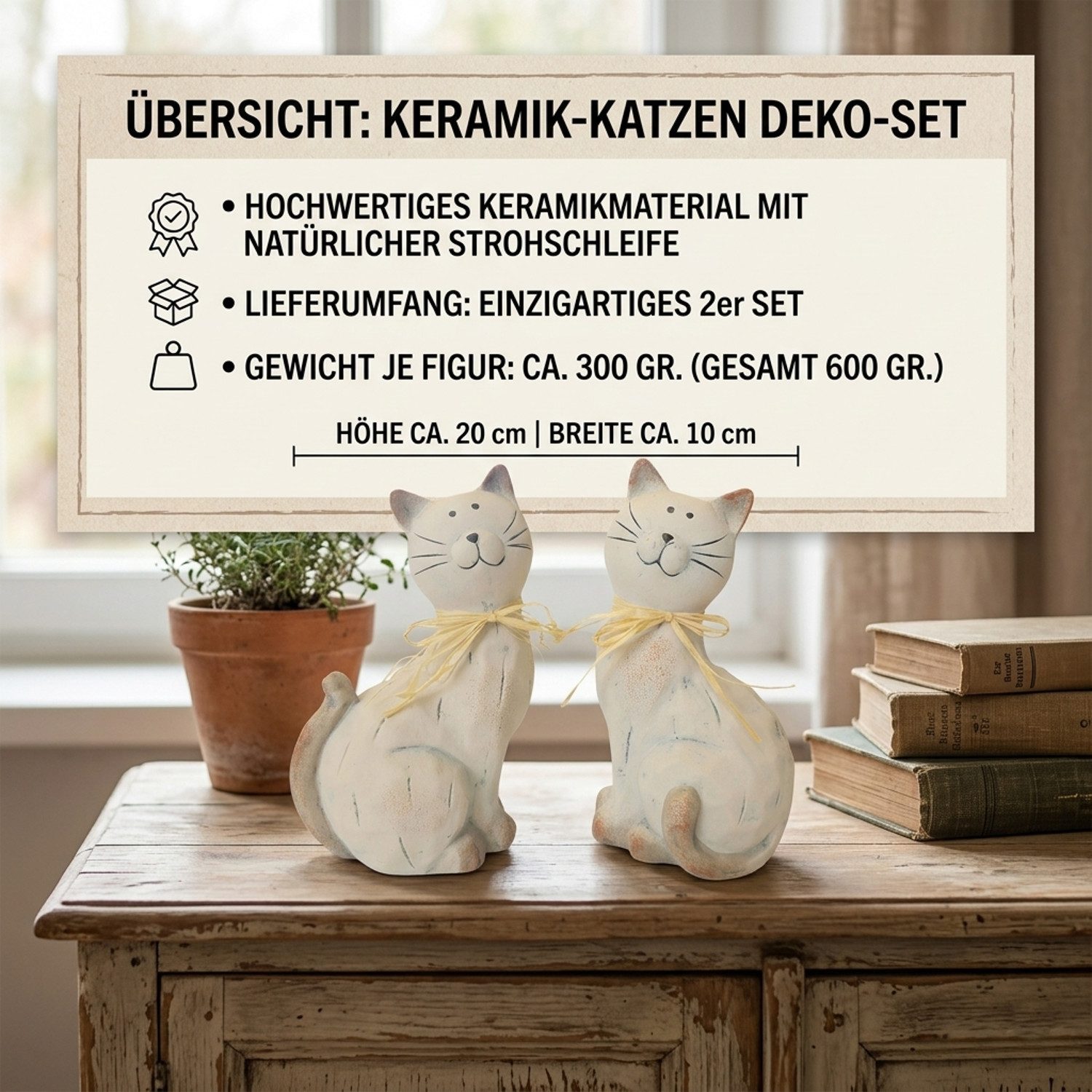 Macosa Home Dekofigur Katze Creme Champagner Keramik 20 cm Figur Dekokatze (2 St., moderne Dekoration & Geschenkidee), Tierfigur Wohnaccessoire für Regal, Tisch – Bild 4 von 4