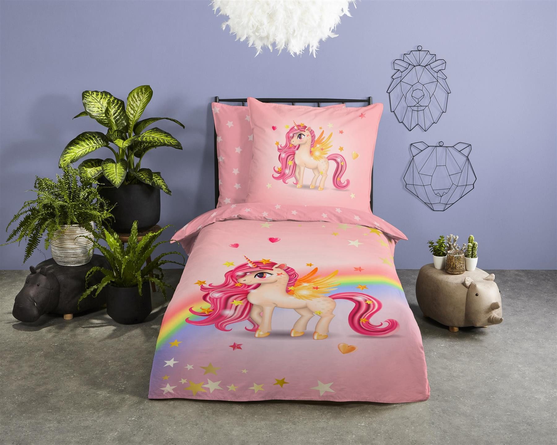 soma Bettwäsche Kinderbettwäsche Regenbogen Set 2tlg Bettbezug 135x200 80x80 Einhorn, Renforcé, 2 teilig, 135x200 Reißverschluss Wende Kind Mädchen, Einhorn, Rosa unicorn pink