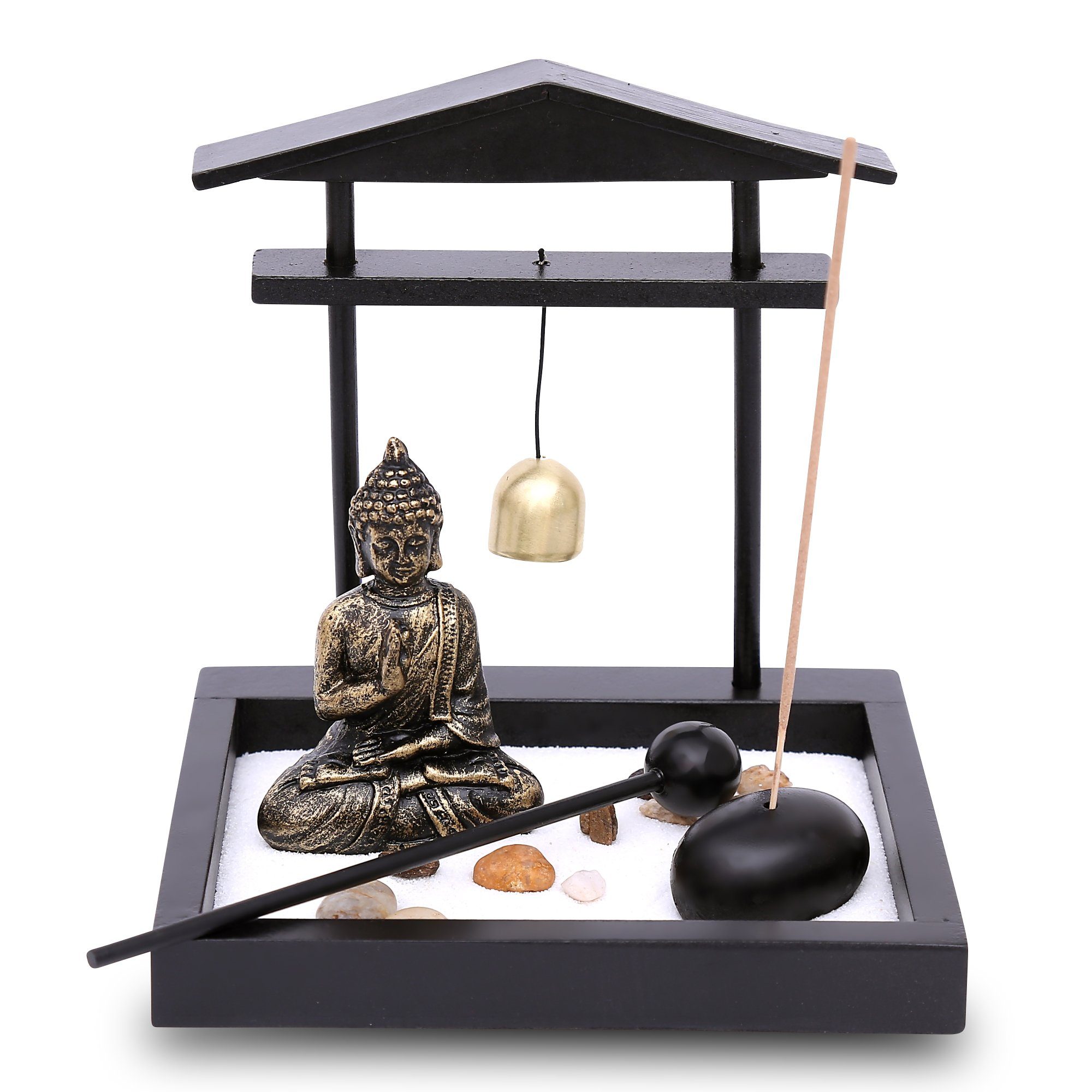 Flanacom Buddhafigur Zen Garten Buddha Figur - Räucherstäbchenhalter (Set,  mit Buddha Statue, Räucherstäbchenhalter, 3 Räucherstäbchen, Gong),  Naturholz Esotherik Set