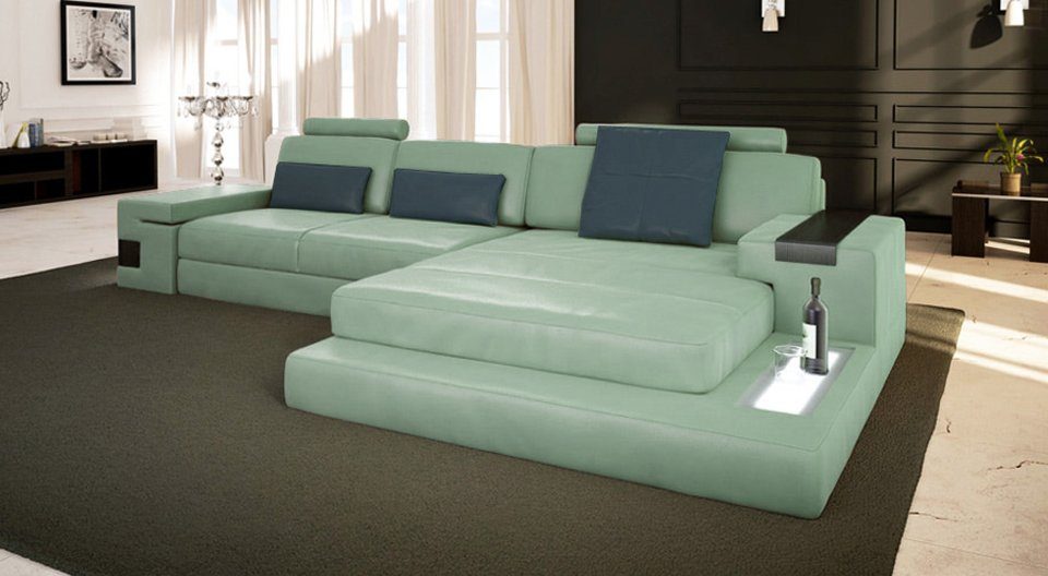 Eckcouch HAMBURG - Couch Leder Blau Grün Leder Ecksofa Ecksofa LED-Licht Ocean BULLHOFF Blau Sofa