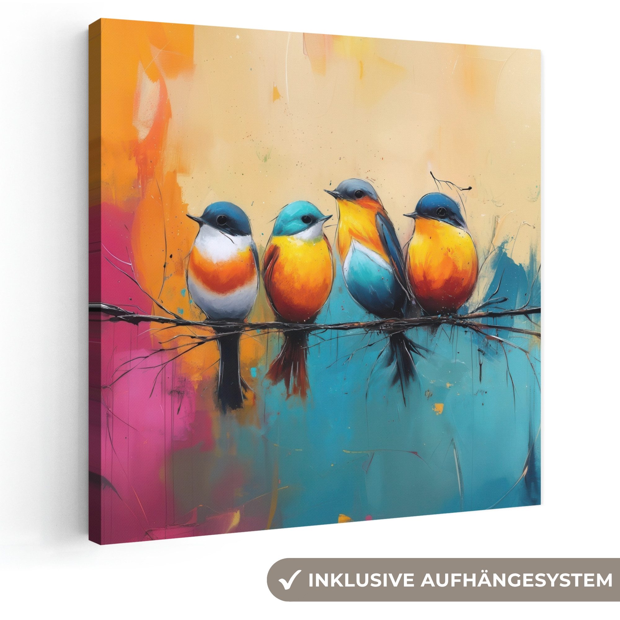 OneMillionCanvasses® Leinwandbild Vögel - Bunt - Zweig - Abstrakt, Fotodruck (1 St), Wandbild, Deko Schlafzimmer Wohnzimmer Flur 20x20 cm