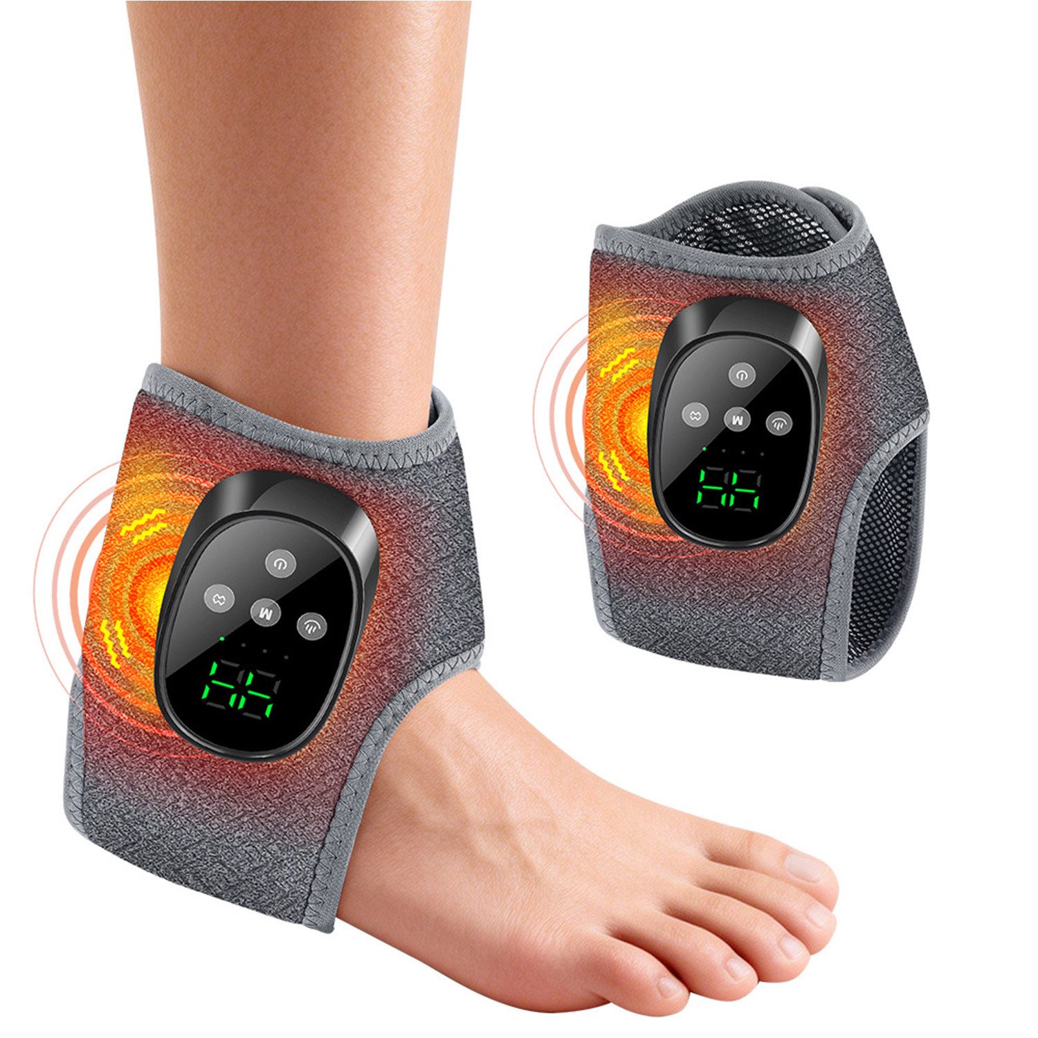 Refttenw Fußmassagegerät Beheizbare Knöchelbandage Sprunggelenk, Fußgelenkbandage mit Vibration, 1-tlg., 4 Vibrationsmodi, 4 Heizstufen, Kabellos, 1800 mAh, Universelle