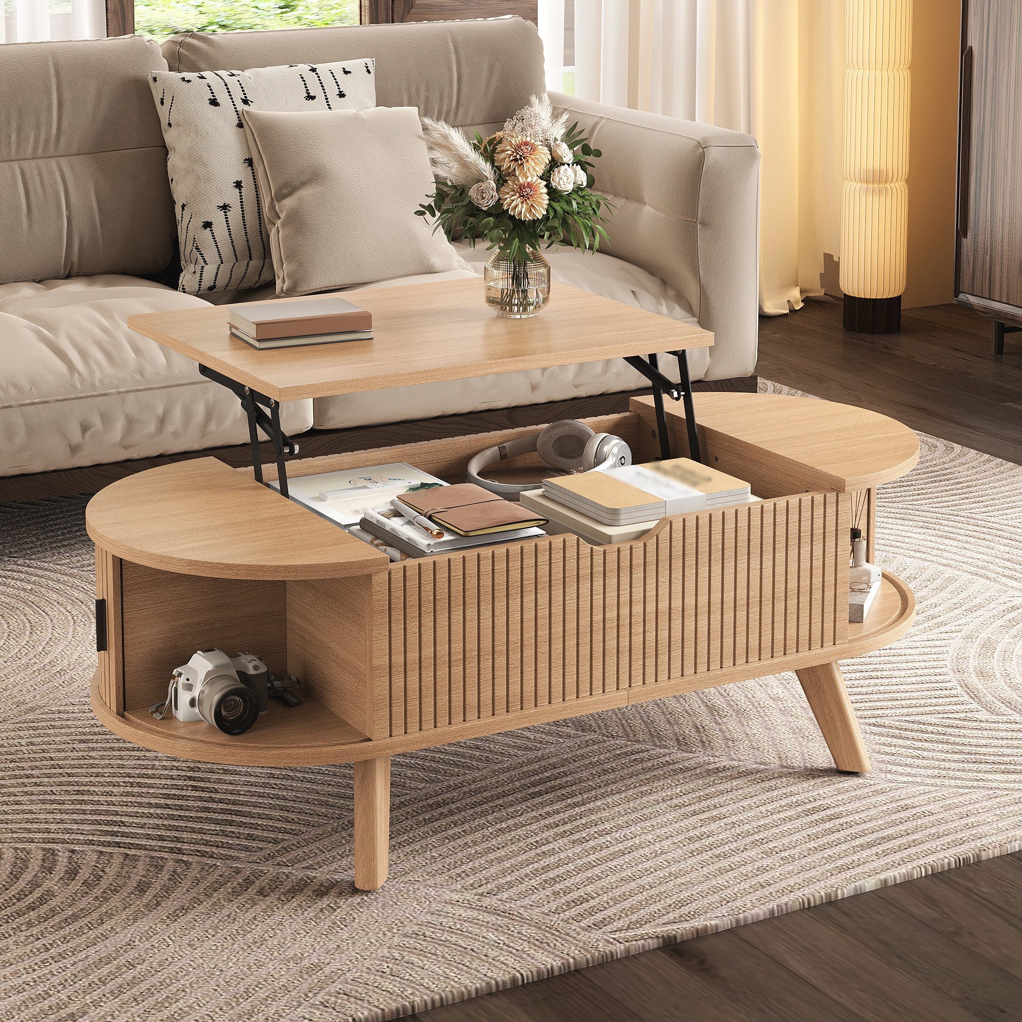 Merax Couchtisch ovaler Wohnzimmertisch Beistelltisch mit höhenverstellbarer Hubplatte (1-St., 110 x 50 x 53,5 cm), Sofatisch mit verstecktem Stauraum, 2 Schiebetüren & geriffelter Front