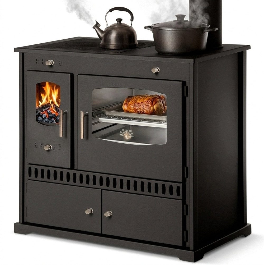 Prometey Festbrennstoffherd Küchenofen Holzherd P ECO INOX Edelstahlbackfach, rechte Version, 7,0 kW