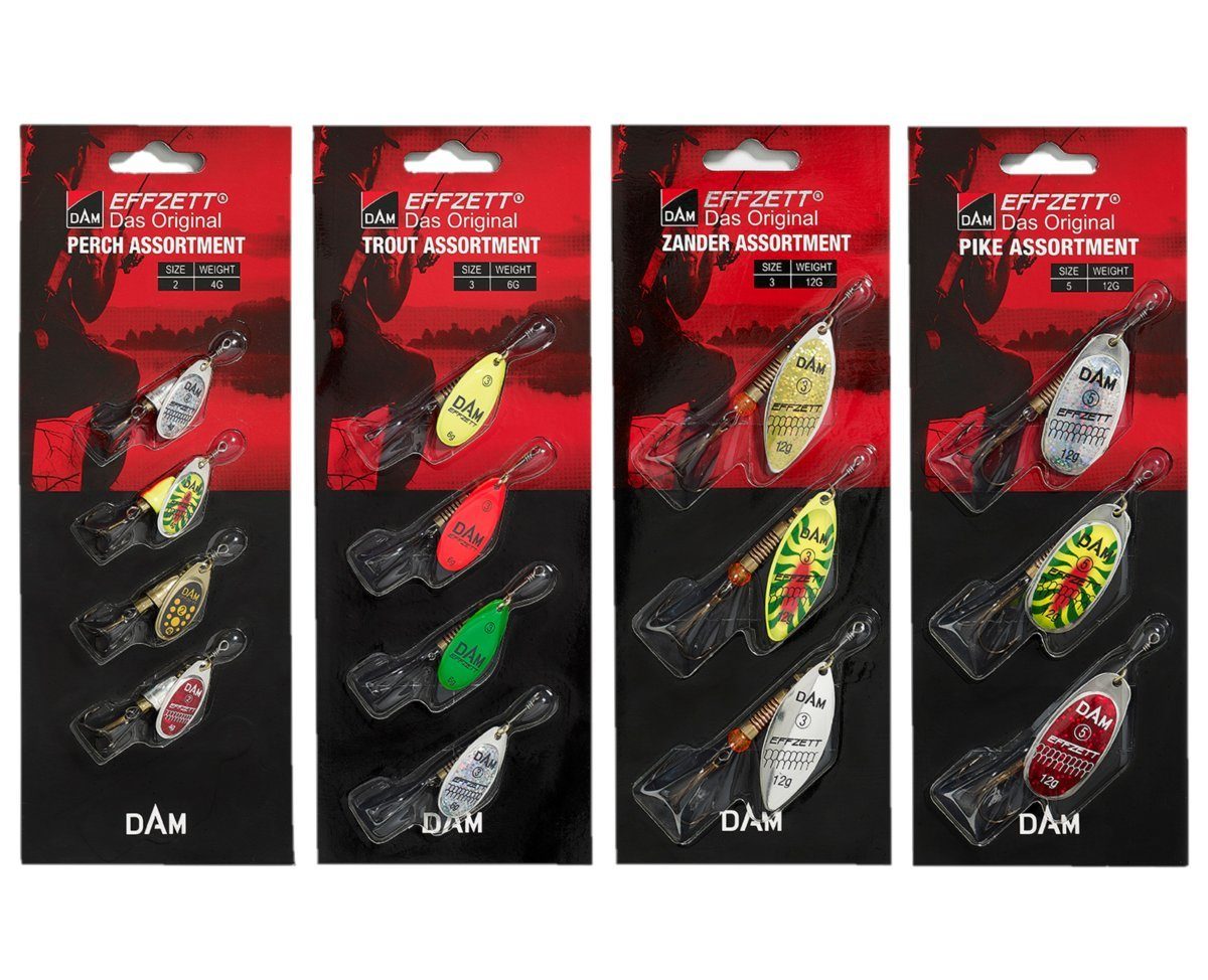 DAM Fishing Kunstköder Effzett Assortment 4 Stück Spinner Set Barsch, Forelle, Zander, Hecht, (Spar-Set, 3-St), Verschiedenen Farbmuster, schnell auf wechselnde Bedingungen reagieren