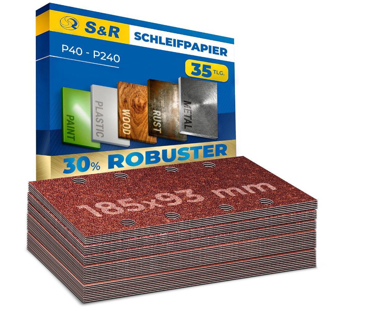 S&R Schleifpapier Klett Schleifpapier Profi Set 93 mm x 185 mm, für Schleifmaschine, (Set, 35 St., 5 x P40, 5 x P60, 5 x P80, 10 x P120, 10 x P240), für Metalle, NE-Metalle, Stahl, Edelstahl, Holz, Kunststoffe