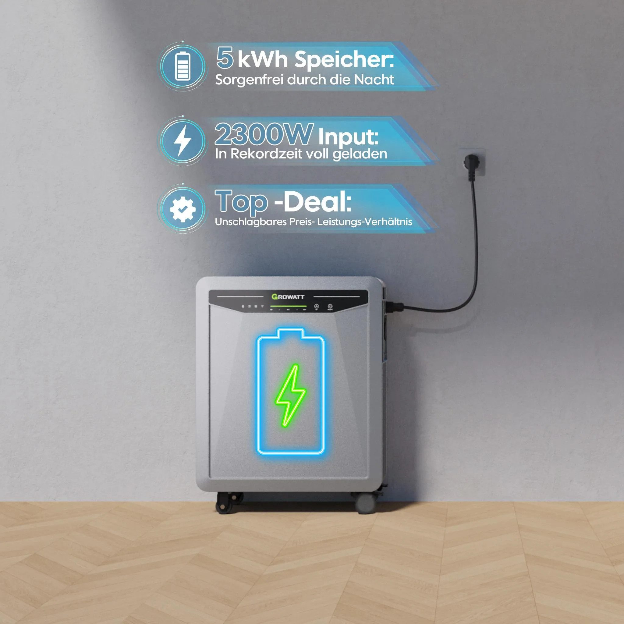 Growatt Balkonkraftwerk Growatt Aura 5000 AC-gekoppelter Balkonspeicher, 5,12 kWh PV-Speicher, mit 2500W Off-Grid & App Steuerung