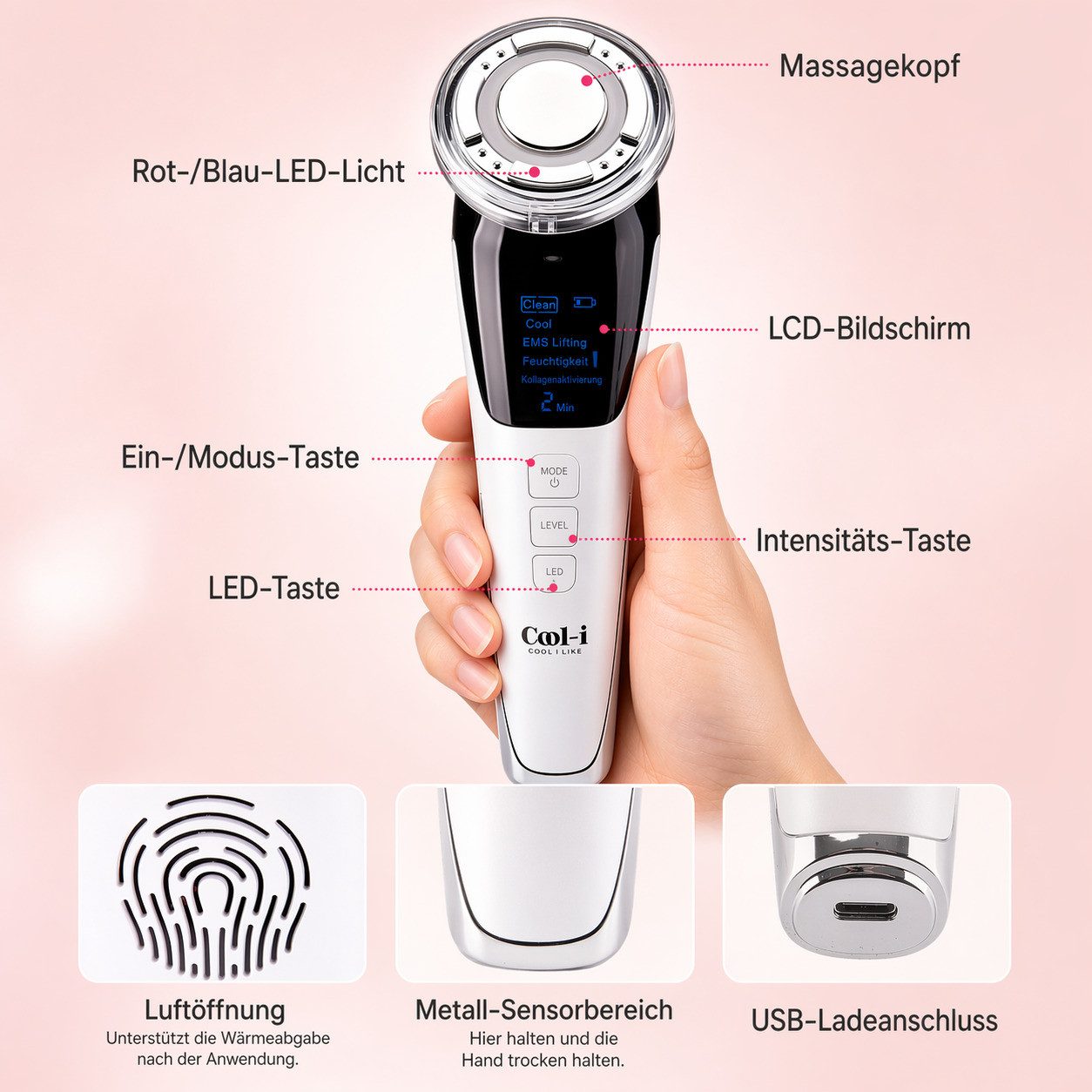 COOL-i ® Mikrodermabrasionsgerät 5-in-1 Beautygerät – Für ergänzende Gesichtspflege, LED, EMS, Wärme/Kälte & Massage – Tägliche Pflege für Ihre Haut