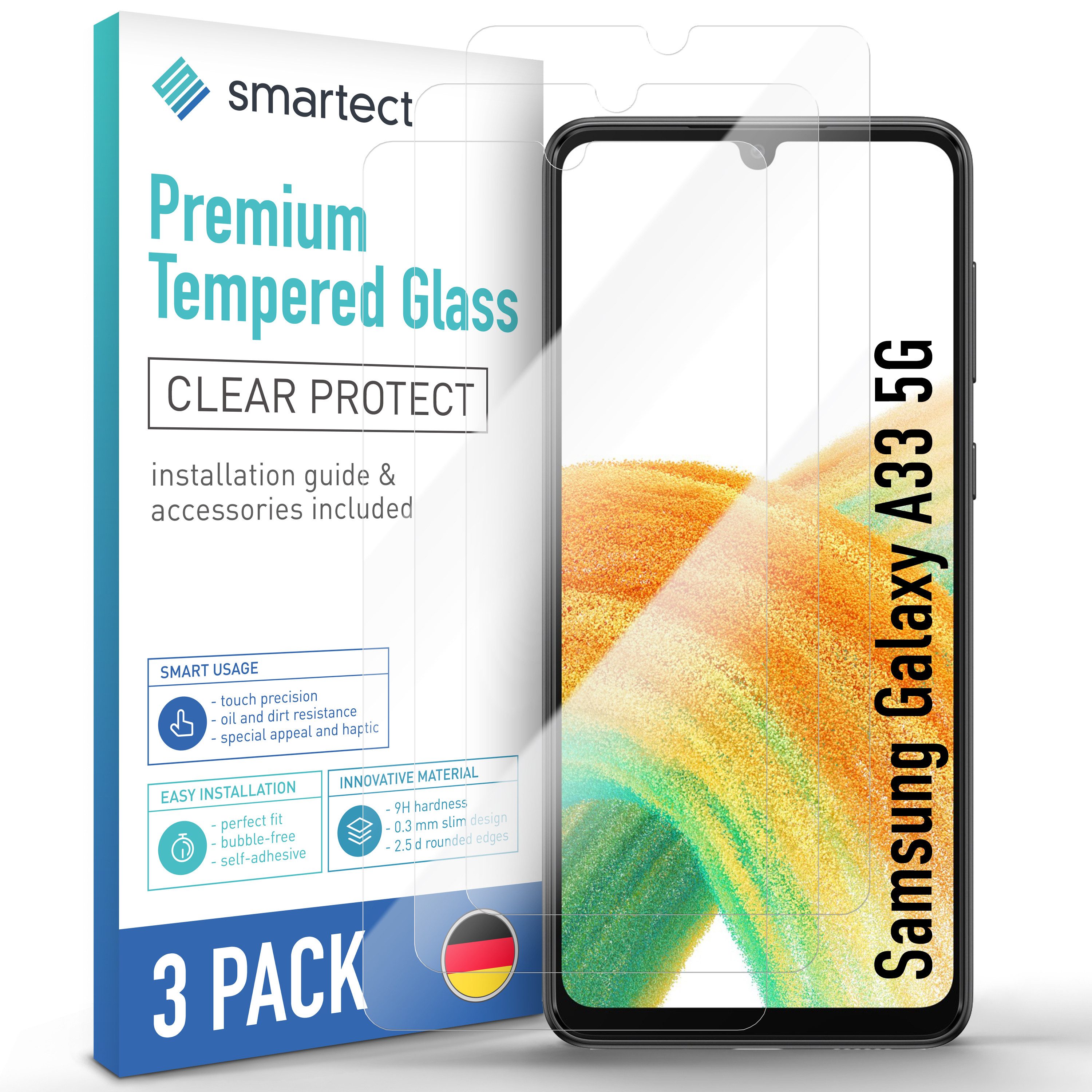 smartect Displayschutzglas 3X Schutzglas Panzerfolie Klar für Samsung Galaxy A33 5G für Samsung Galaxy A33 5G, Set, 3 Stück, 0.3 mm Ultra-klar, 9H Härte, Kratzfest, Stoßfest, Blasenfrei, Oleophob