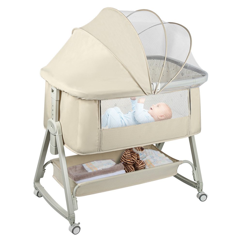 JEOBEST Beistellbett 3 in1 Babybetten mit Rollen, Beistellbett Baby mit Moskitonetz, (6 Fach Höhenverstellung und Neigungsverstellung)mit Aufbewahrungskorb