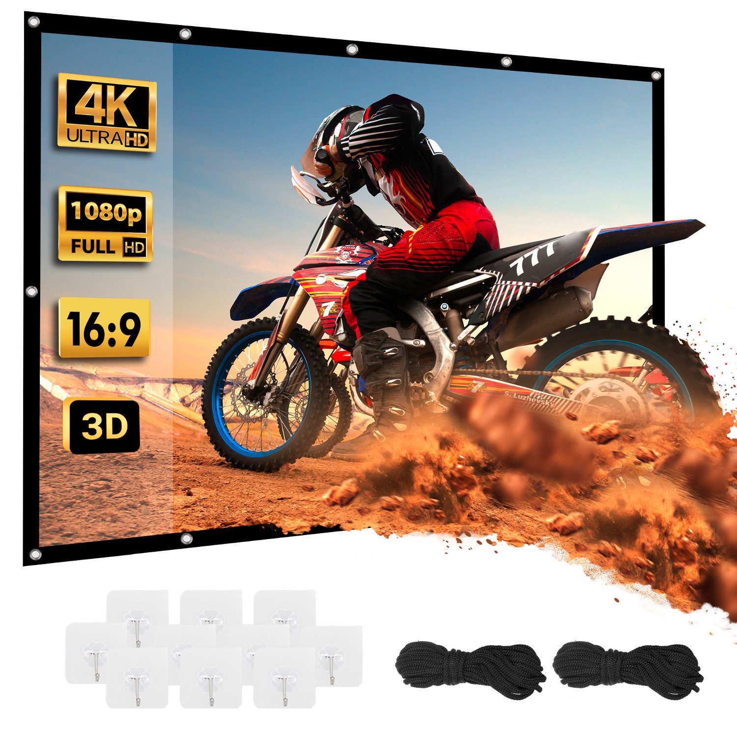 Maclean MC-982 Große Wandprojektionsfläche 120'' 270x154 HD Faltrahmenleinwand (Rahmen 25 mm 16:9, Spannhaken)