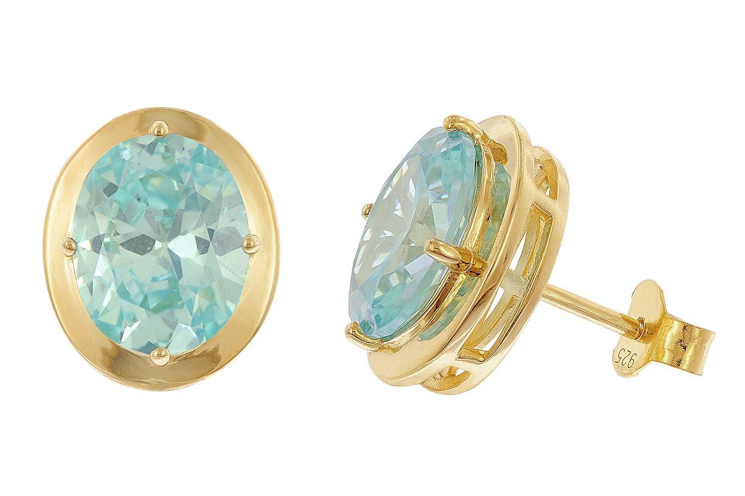 Paar Ohrstecker Damen-925 Silber Vergoldet Zirkonia Aquamarinblau