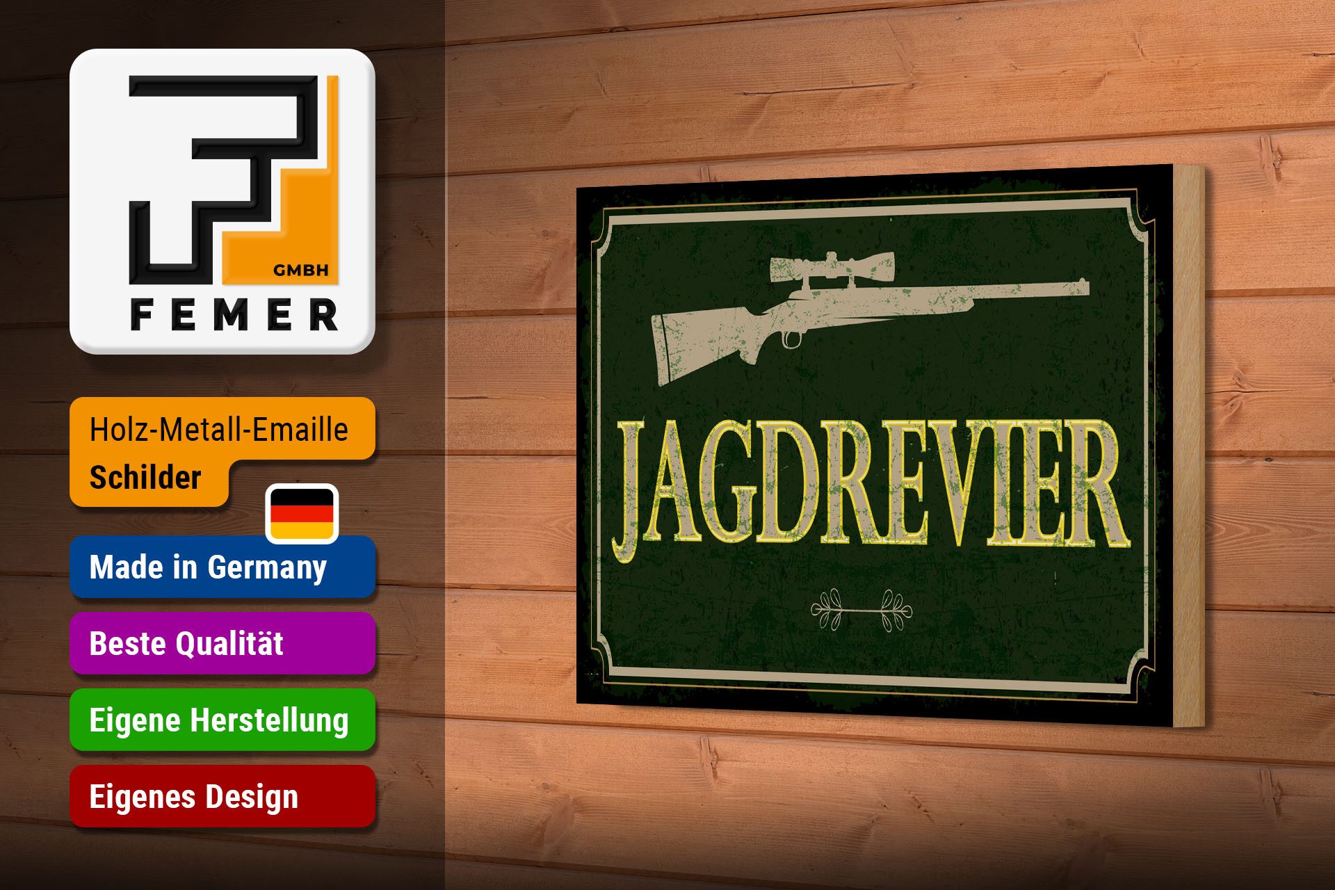 Femer GmbH Holzbild Hinweis 30x40 cm Jagdrevier Jagdgewehr, (1 St), Glatte Holzfaserplatte (MDF), vorn beschichtet
