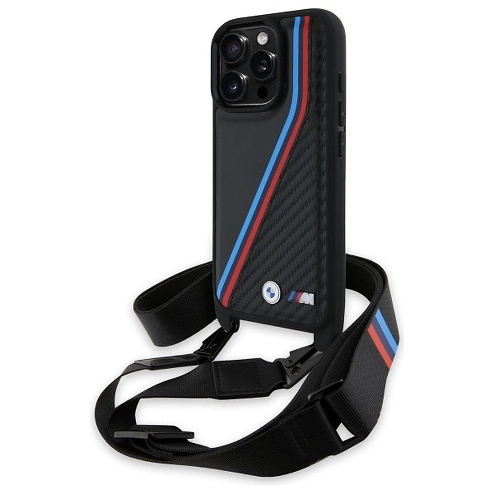 BMW Handyhülle Schutzhülle Trageriemen, BMW Lizenz-Design, Carbon-Optik, inkl. Umhängeband