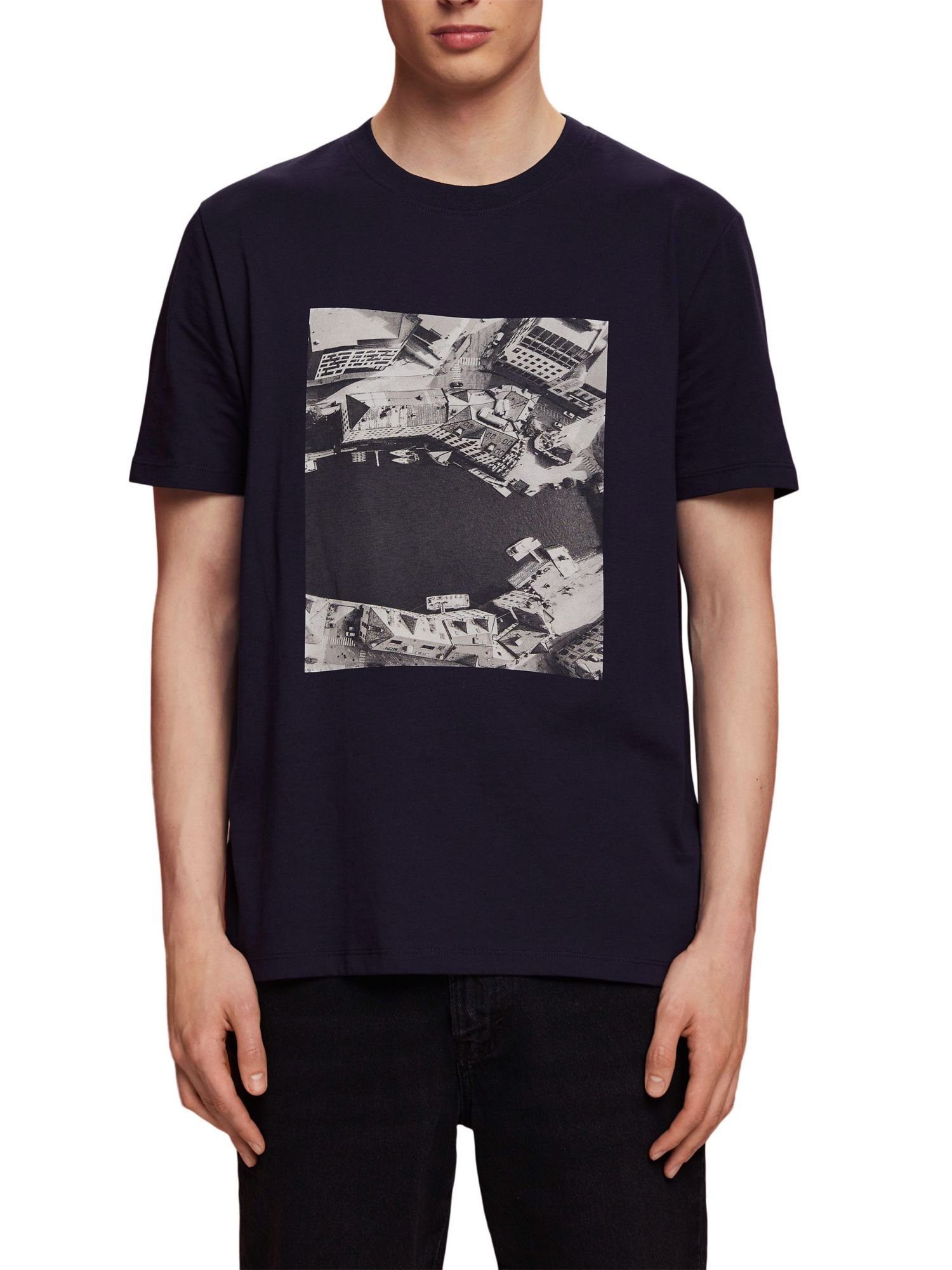 Esprit T-Shirt Bedrucktes (1-tlg) Jersey-T-Shirt, 100 % NAVY Baumwolle