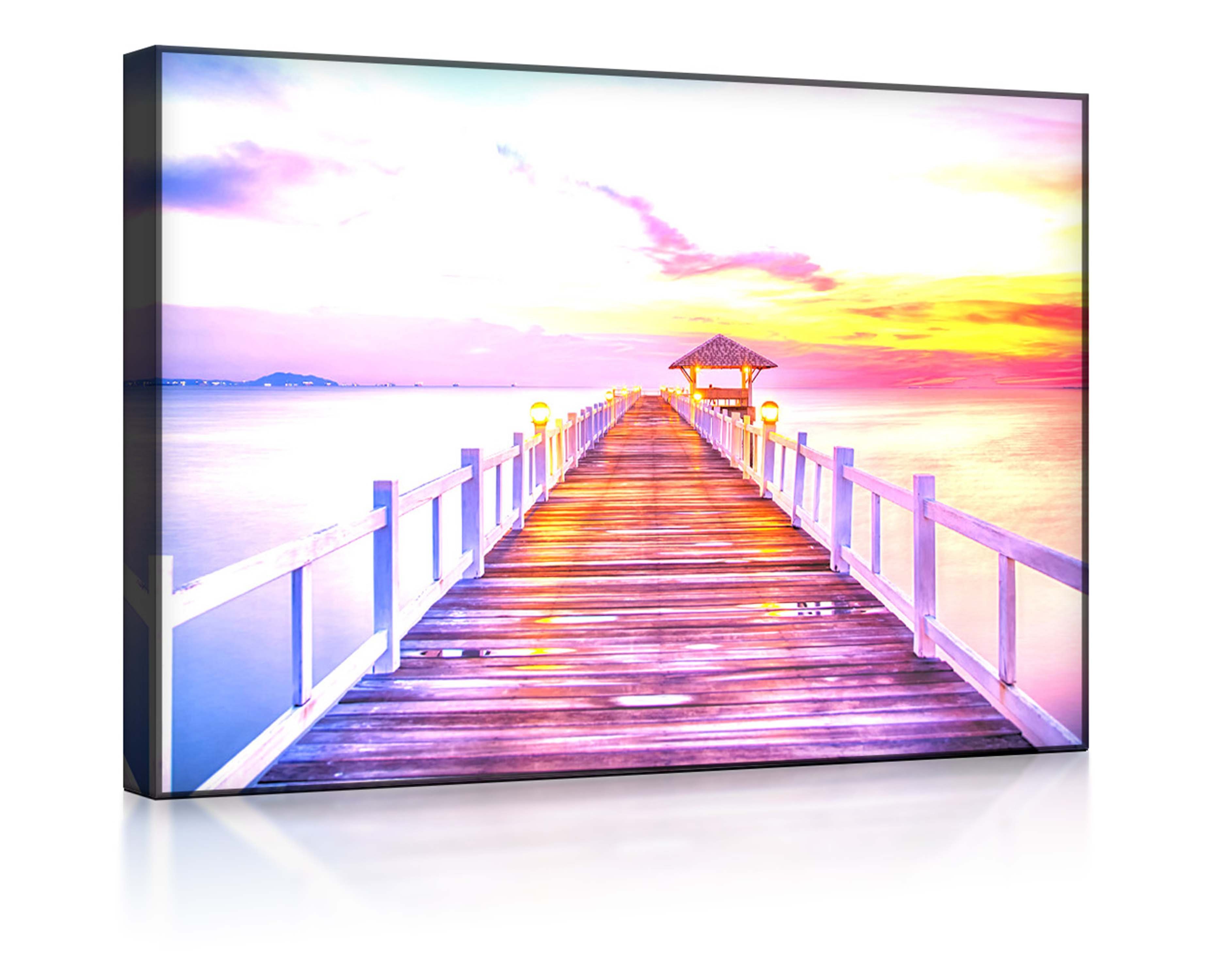 lightbox-multicolor LED-Bild Steg ins Meer bei Sonnenuntergang front lighted / 80x60cm, Leuchtbild mit Fernbedienung